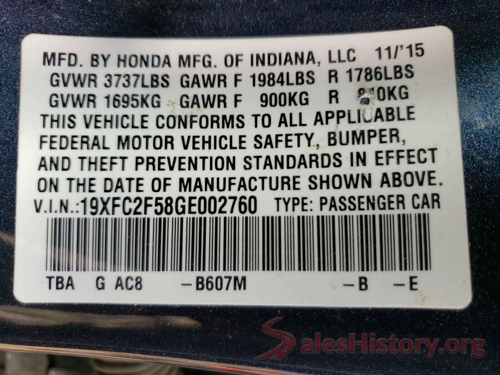 19XFC2F58GE002760 2016 HONDA CIVIC