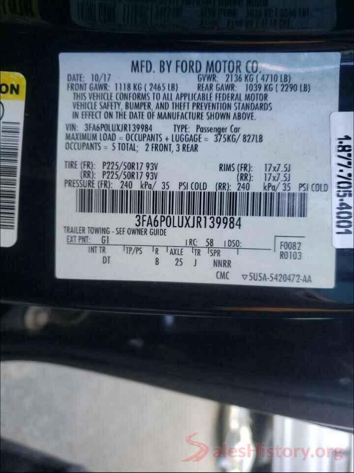 3FA6P0LUXJR139984 2018 FORD FUSION