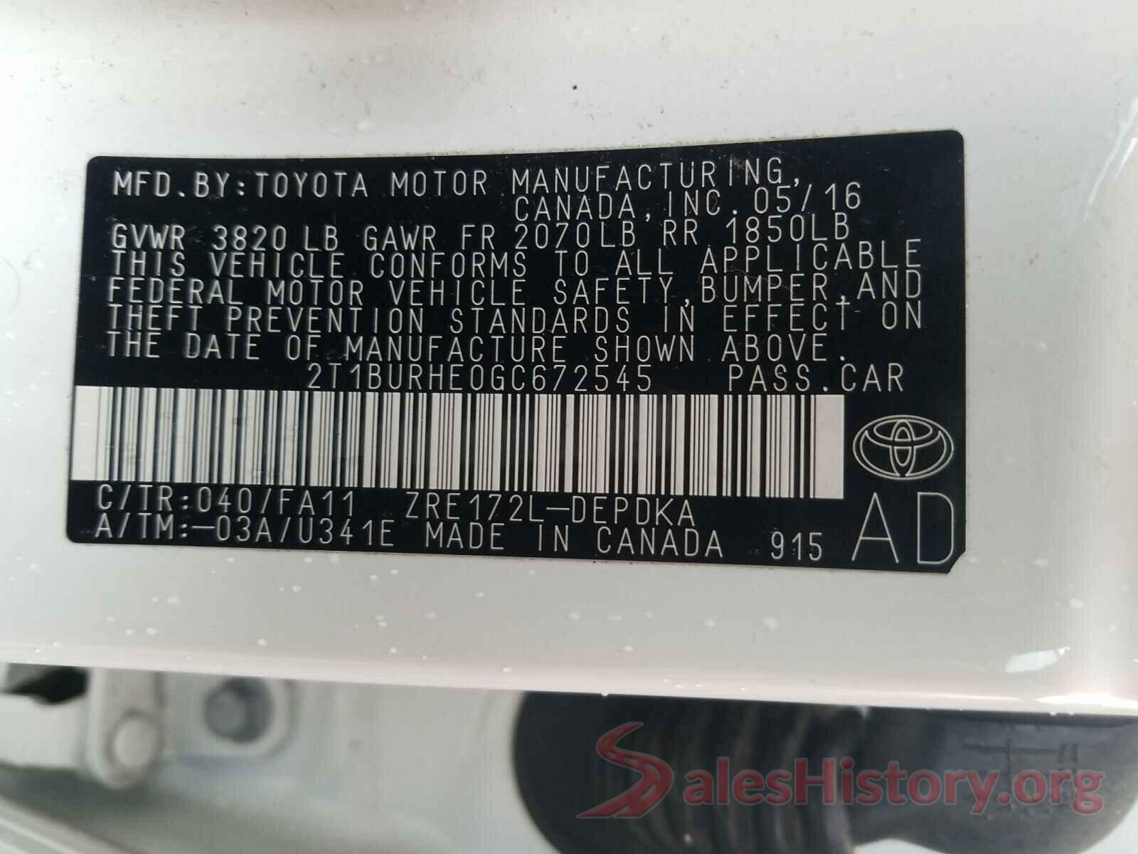 2T1BURHE0GC672545 2016 TOYOTA COROLLA