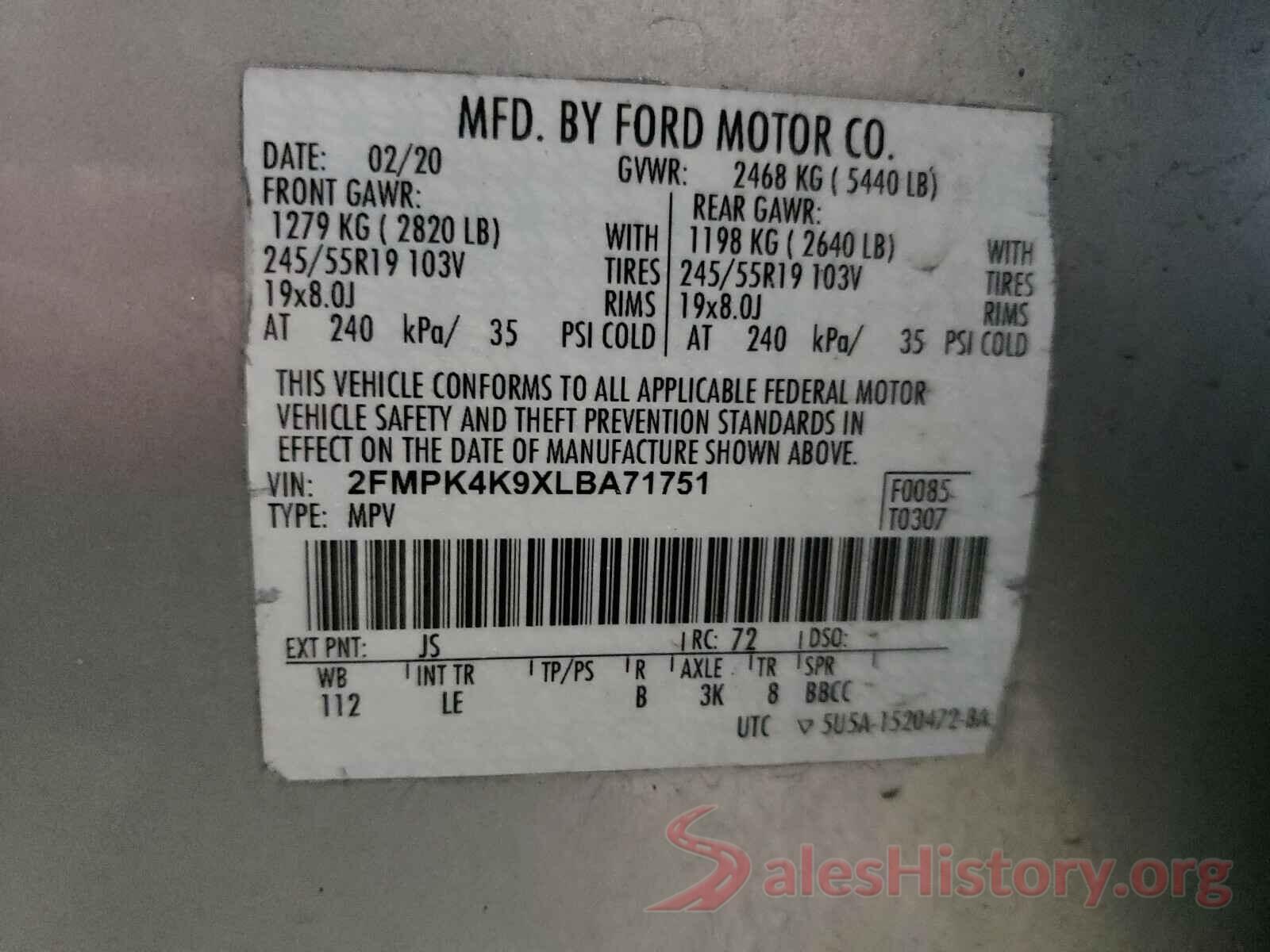 2FMPK4K9XLBA71751 2020 FORD EDGE