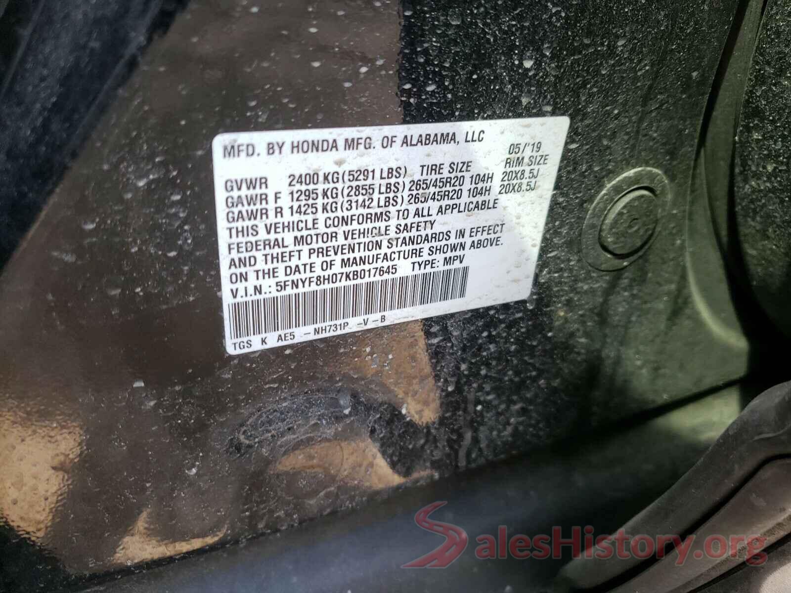 5FNYF8H07KB017645 2019 HONDA PASSPORT