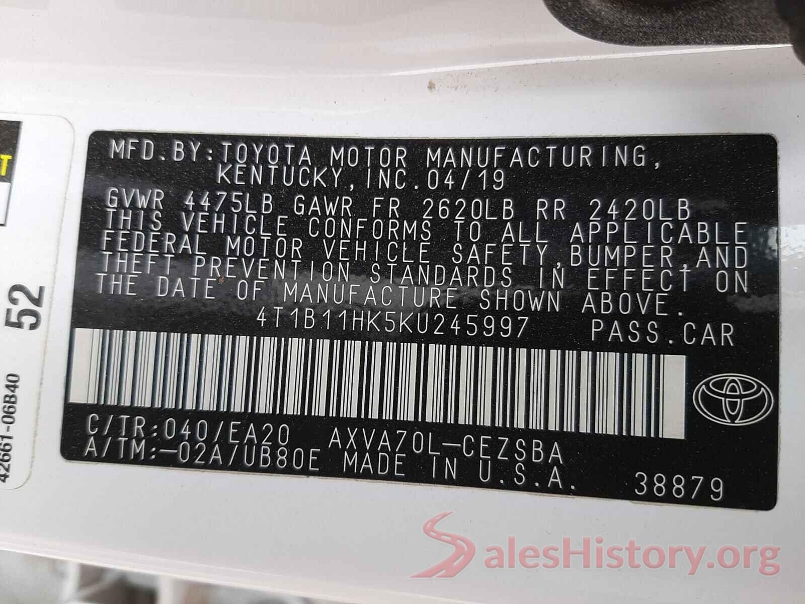 4T1B11HK5KU245997 2019 TOYOTA CAMRY