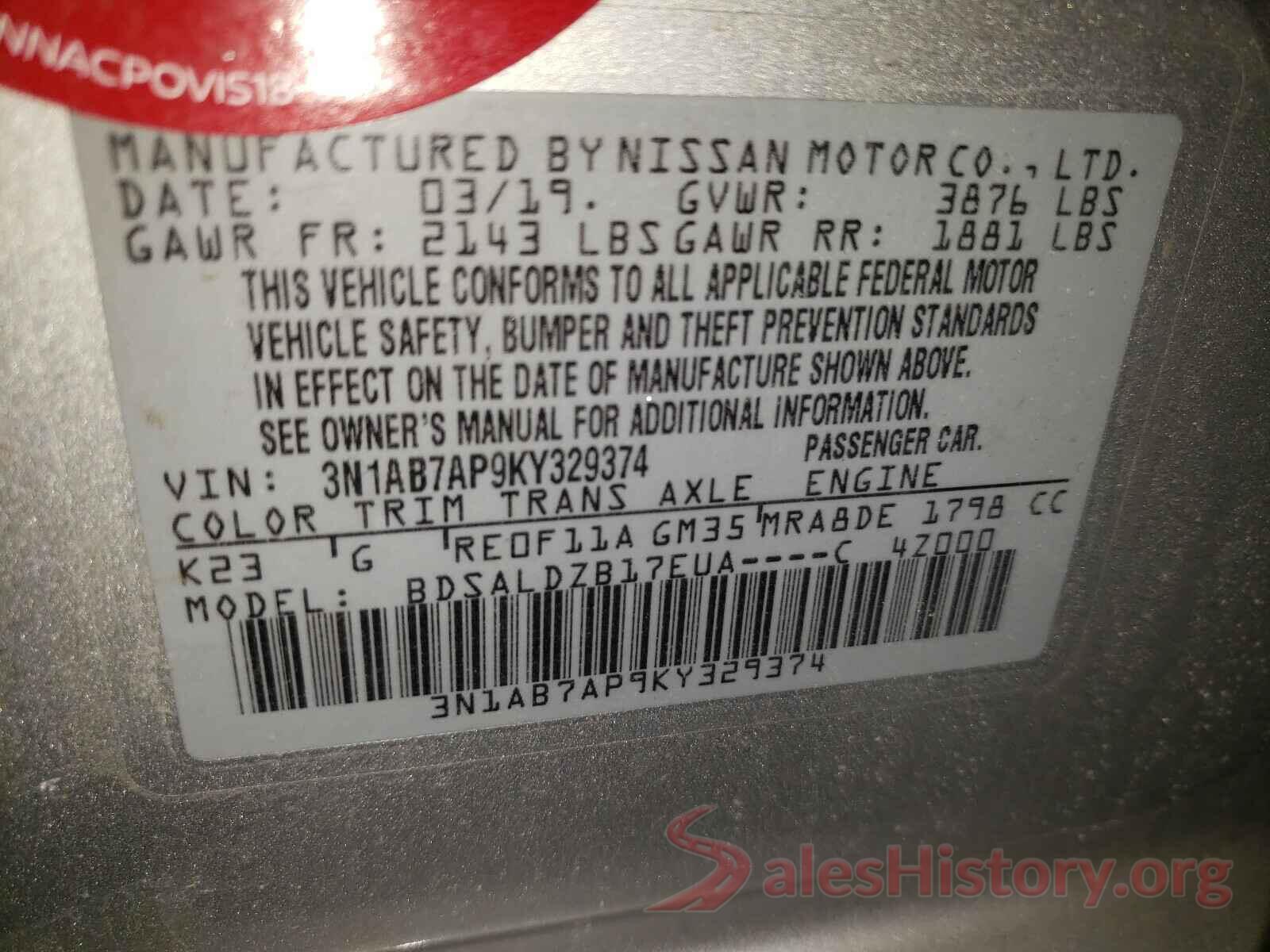 3N1AB7AP9KY329374 2019 NISSAN SENTRA