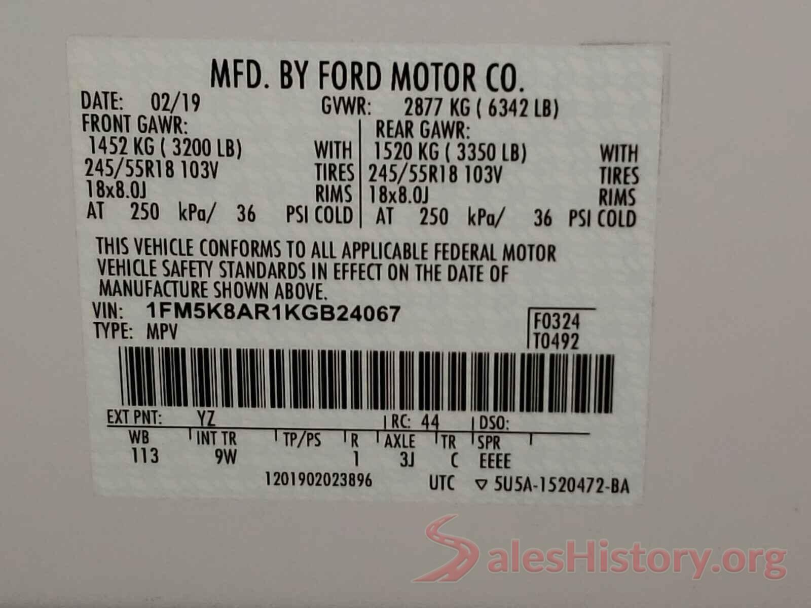 1FM5K8AR1KGB24067 2019 FORD EXPLORER