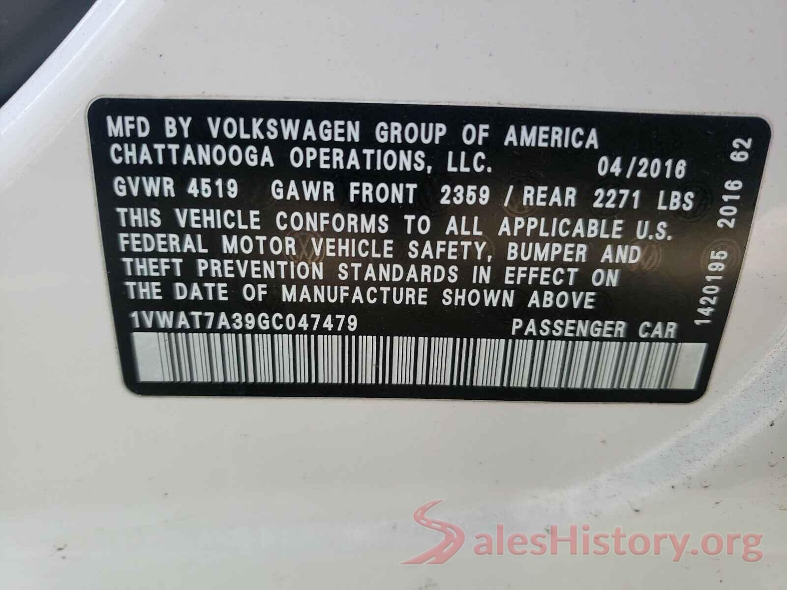 1VWAT7A39GC047479 2016 VOLKSWAGEN PASSAT