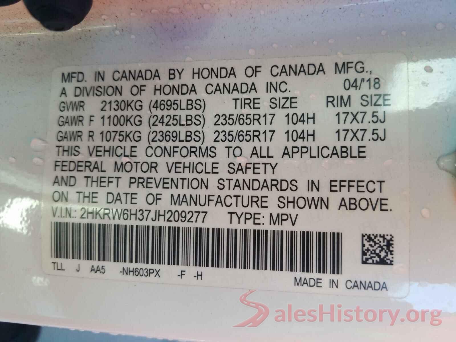 2HKRW6H37JH209277 2018 HONDA CRV