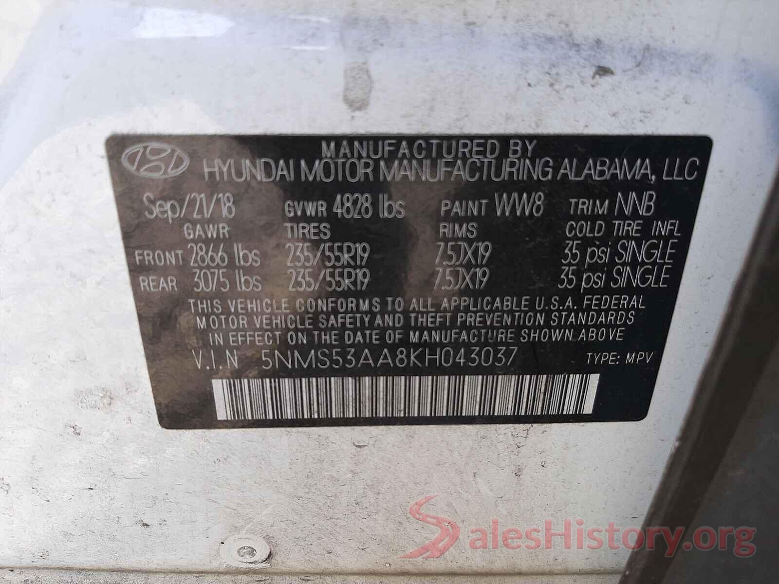 5NMS53AA8KH043037 2019 HYUNDAI SANTA FE