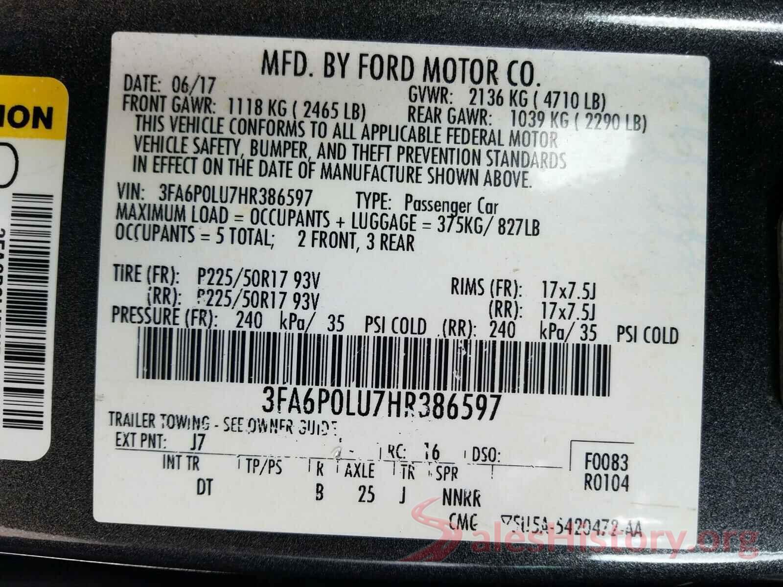 3FA6P0LU7HR386597 2017 FORD FUSION