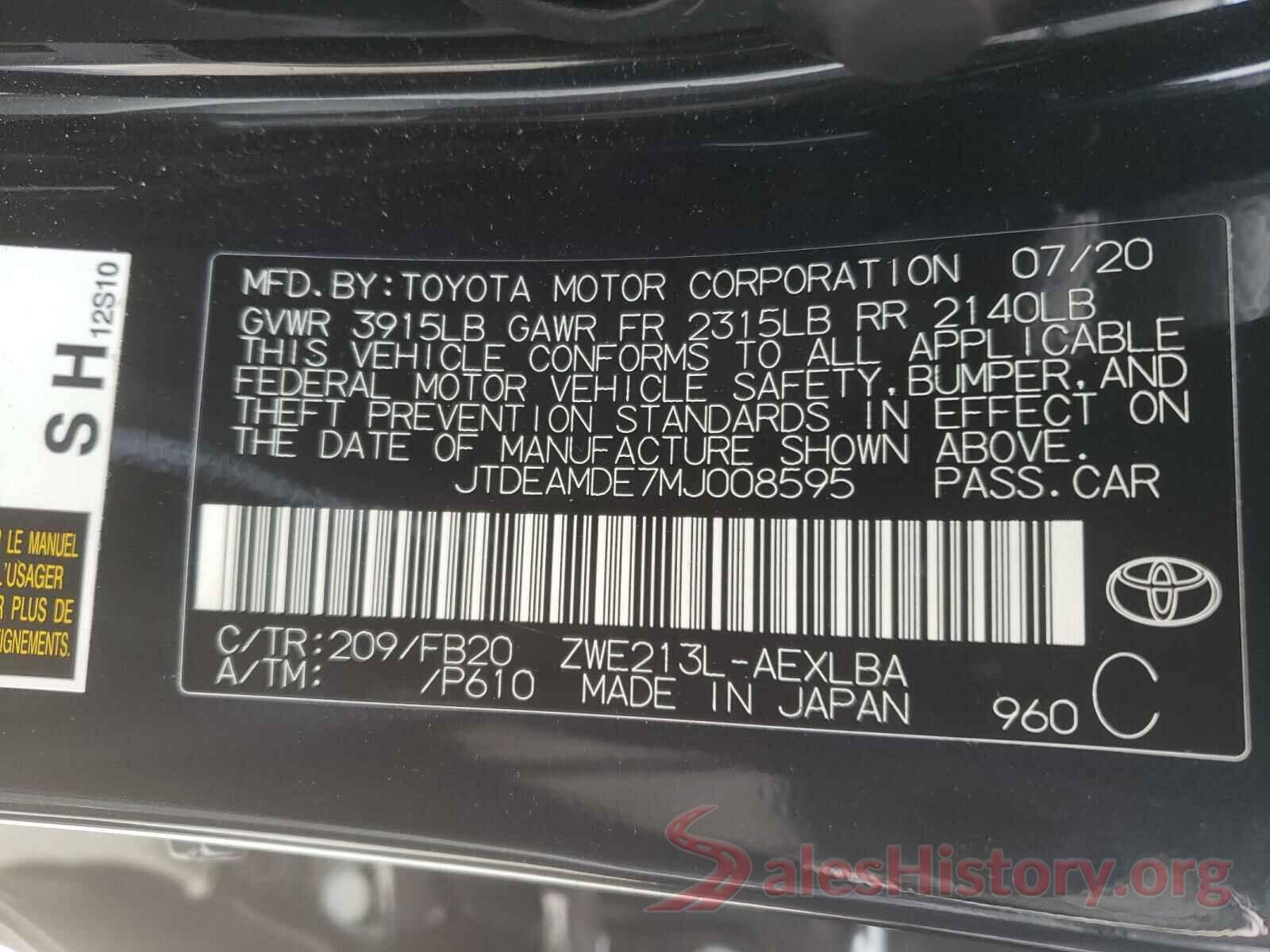 JTDEAMDE7MJ008595 2021 TOYOTA COROLLA