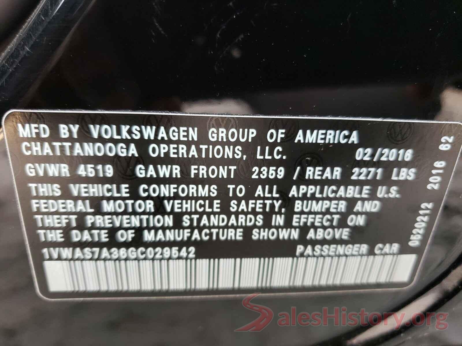 1VWAS7A36GC029542 2016 VOLKSWAGEN PASSAT