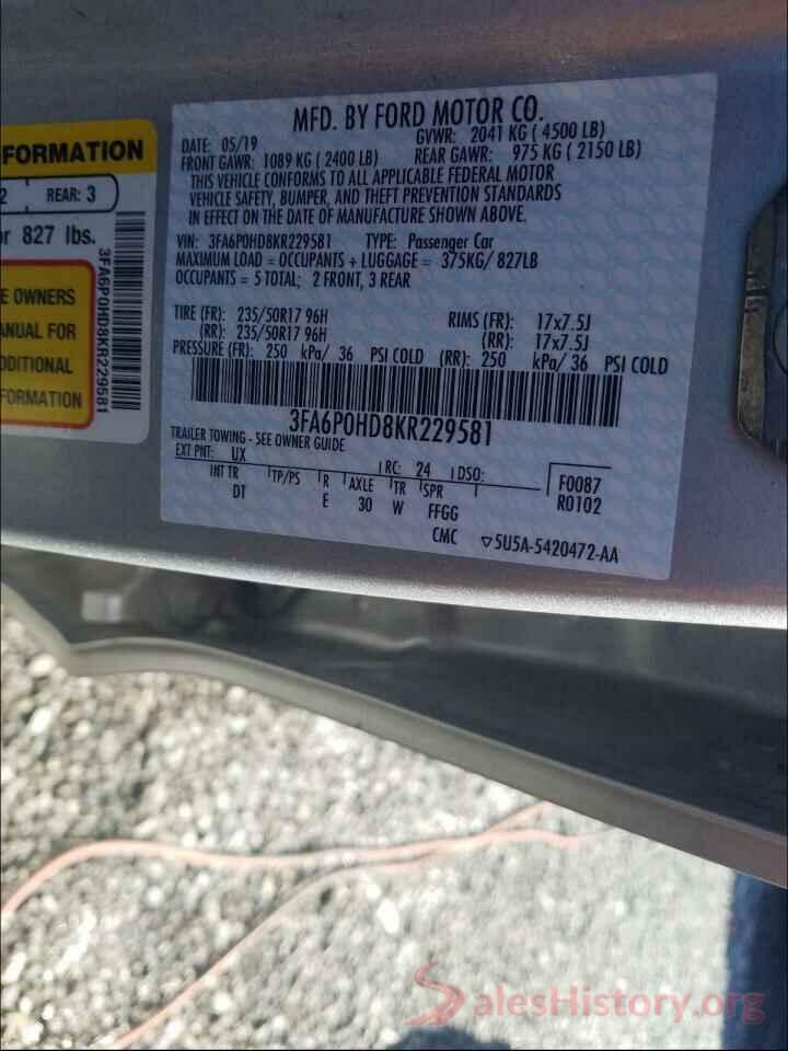 3FA6P0HD8KR229581 2019 FORD FUSION