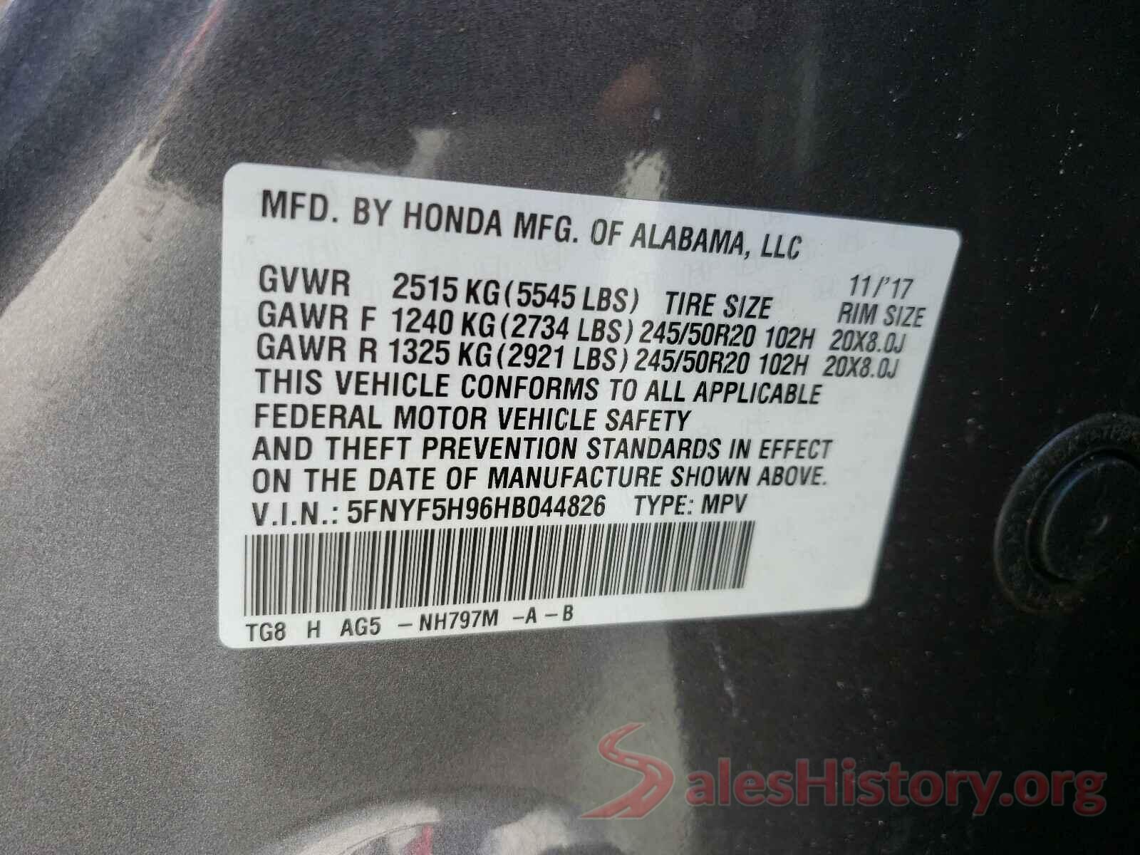 5FNYF5H96HB044826 2017 HONDA PILOT