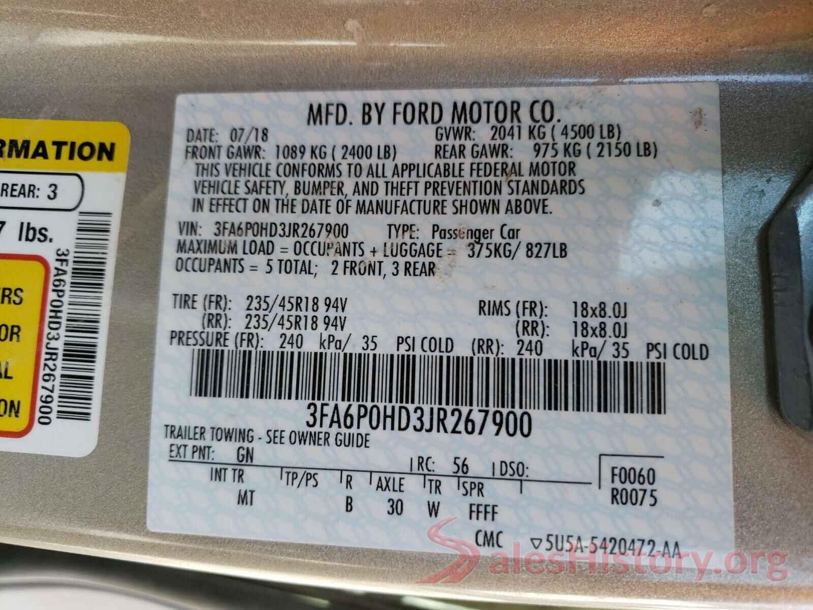 3FA6P0HD3JR267900 2018 FORD FUSION