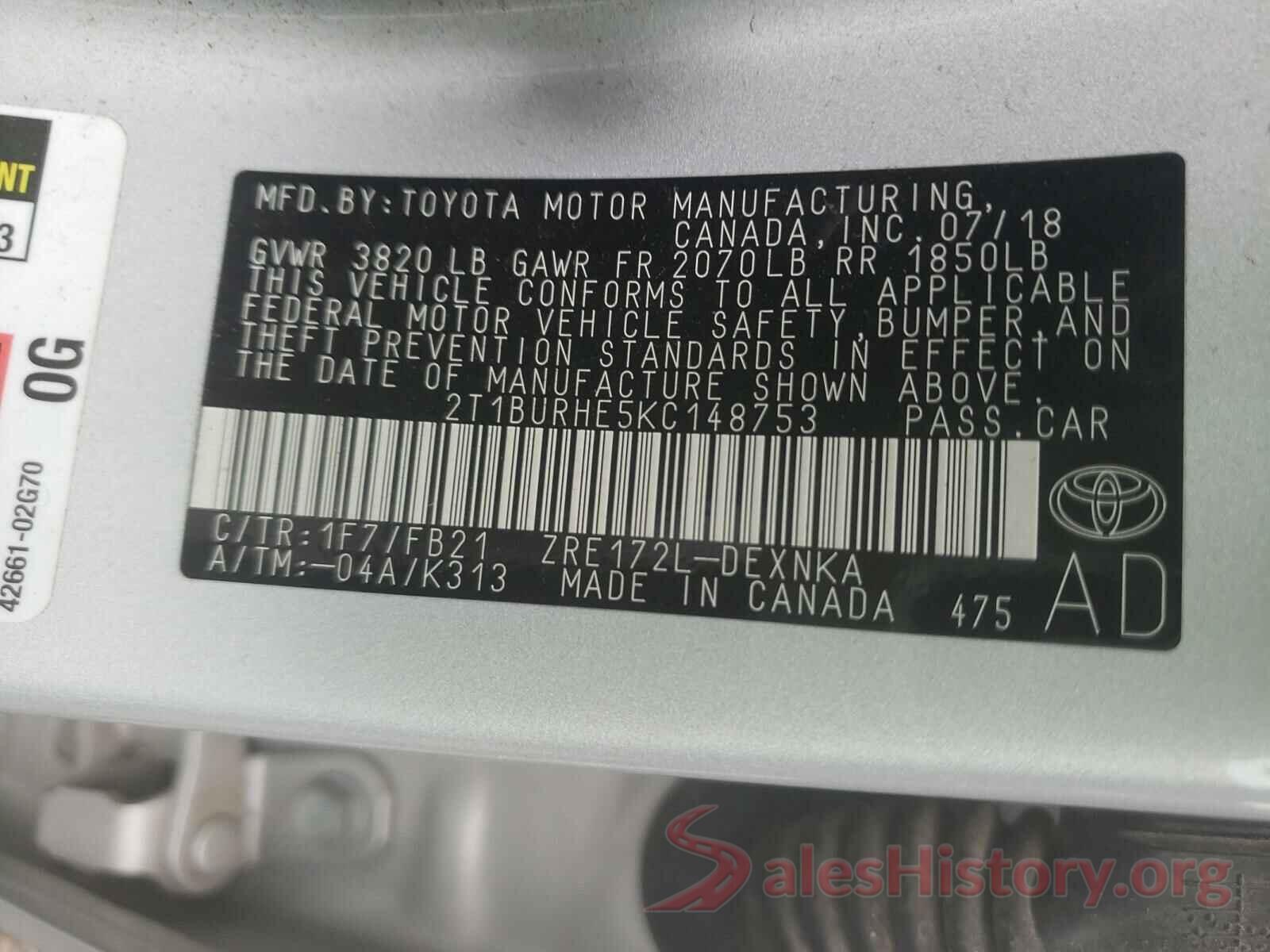 2T1BURHE5KC148753 2019 TOYOTA COROLLA