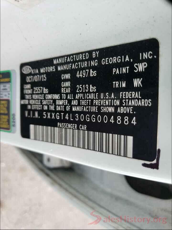 5XXGT4L30GG004884 2016 KIA OPTIMA