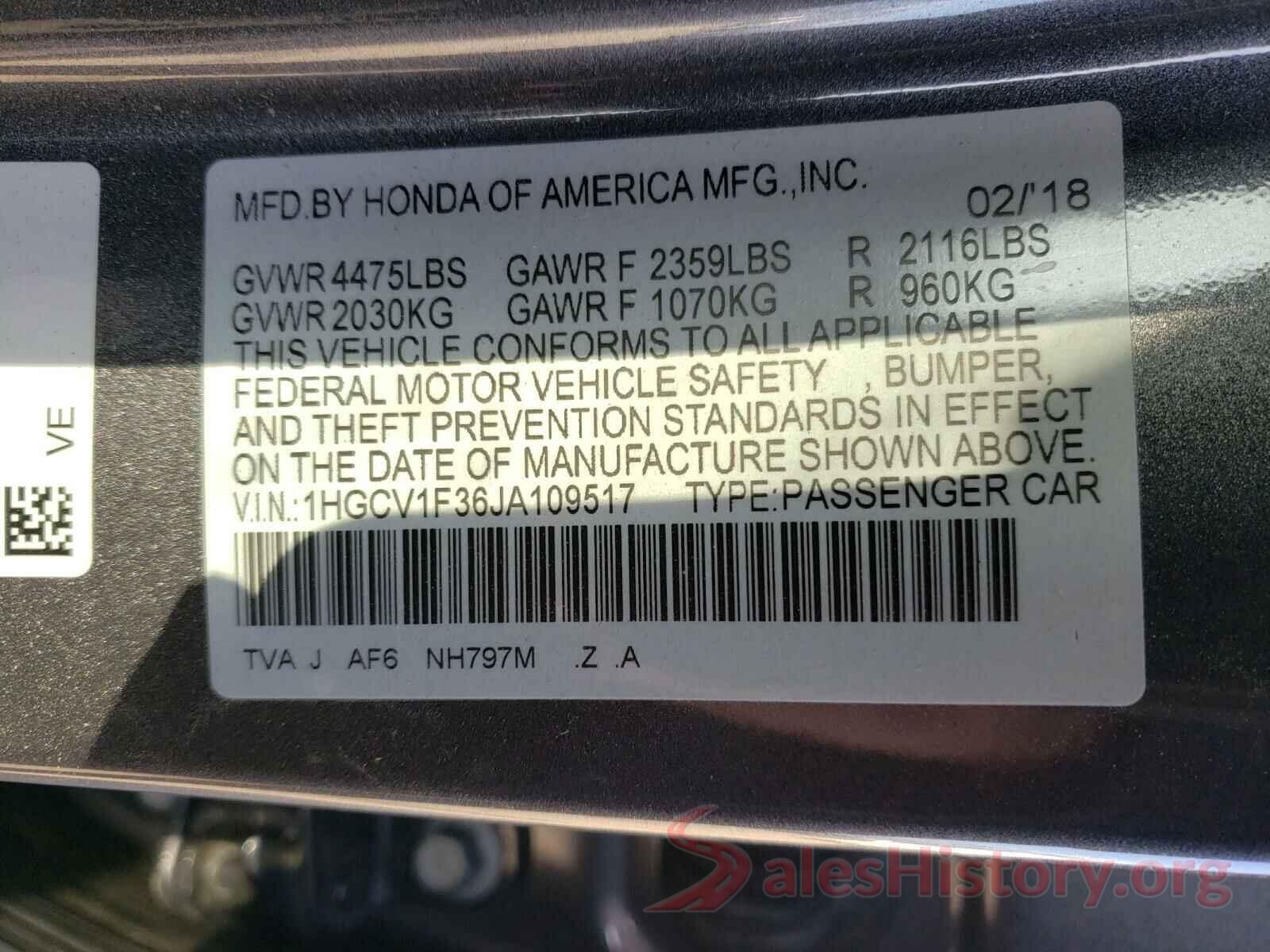 1HGCV1F36JA109517 2018 HONDA ACCORD