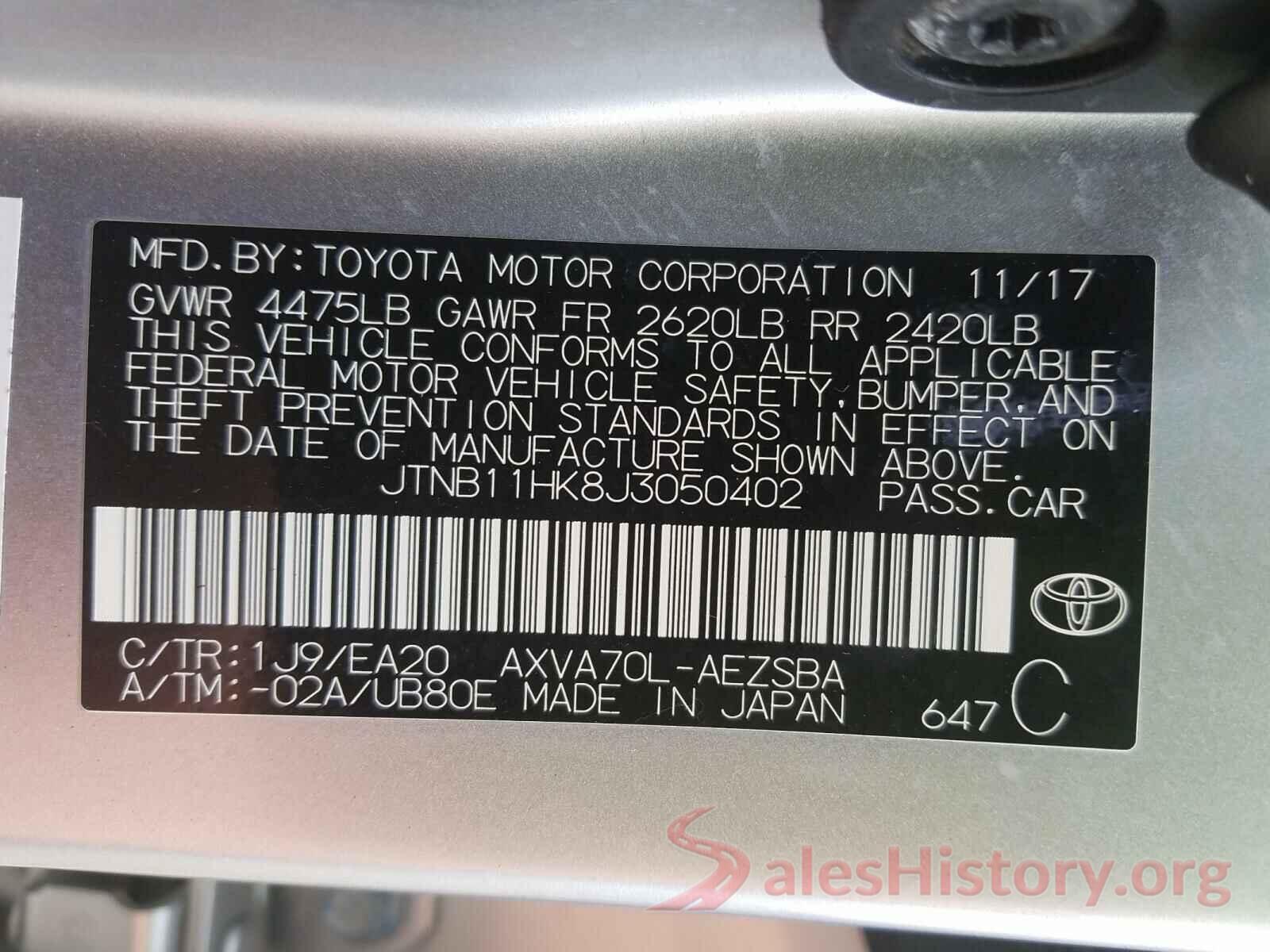 JTNB11HK8J3050402 2018 TOYOTA CAMRY