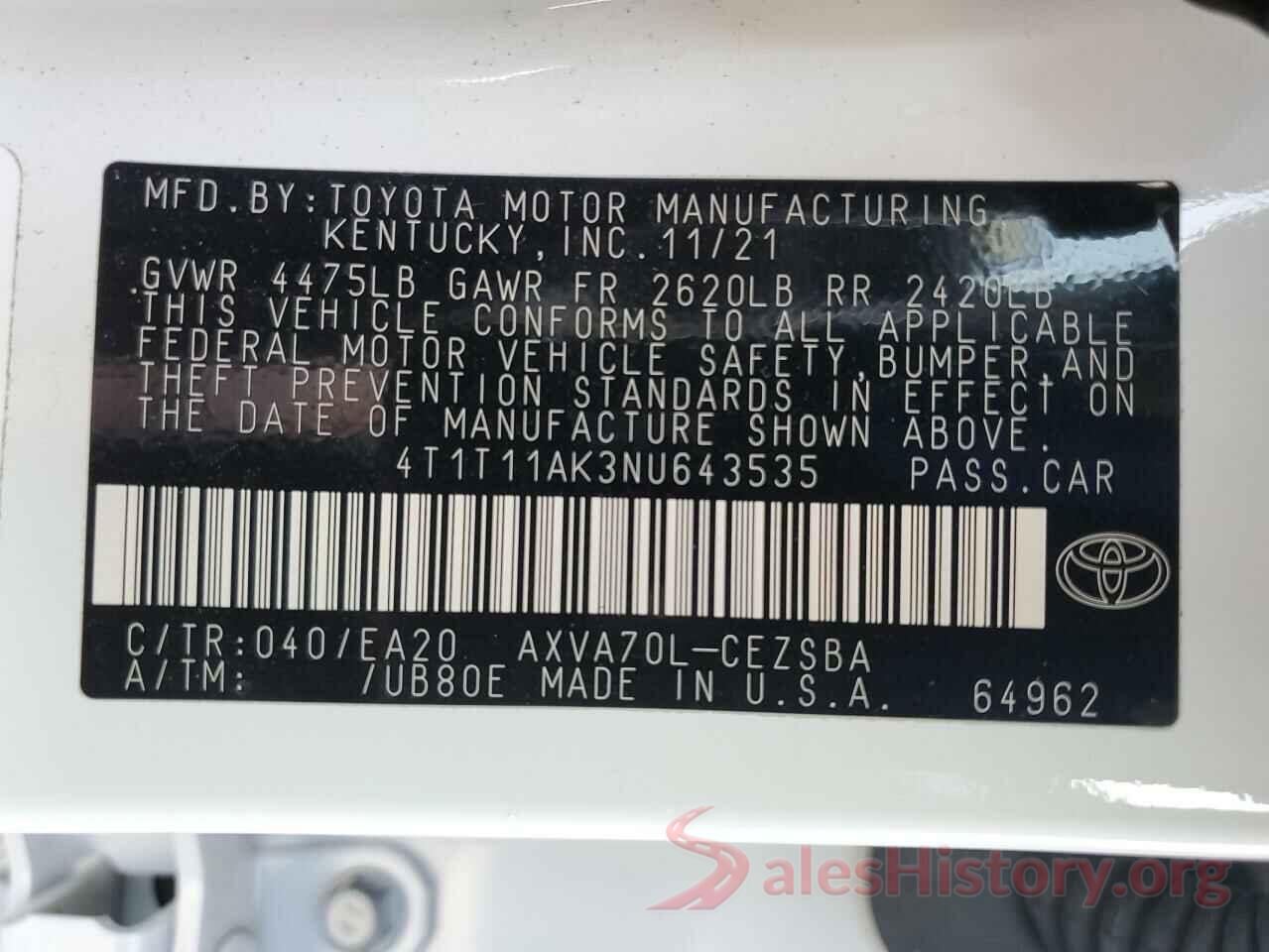 4T1T11AK3NU643535 2022 TOYOTA CAMRY