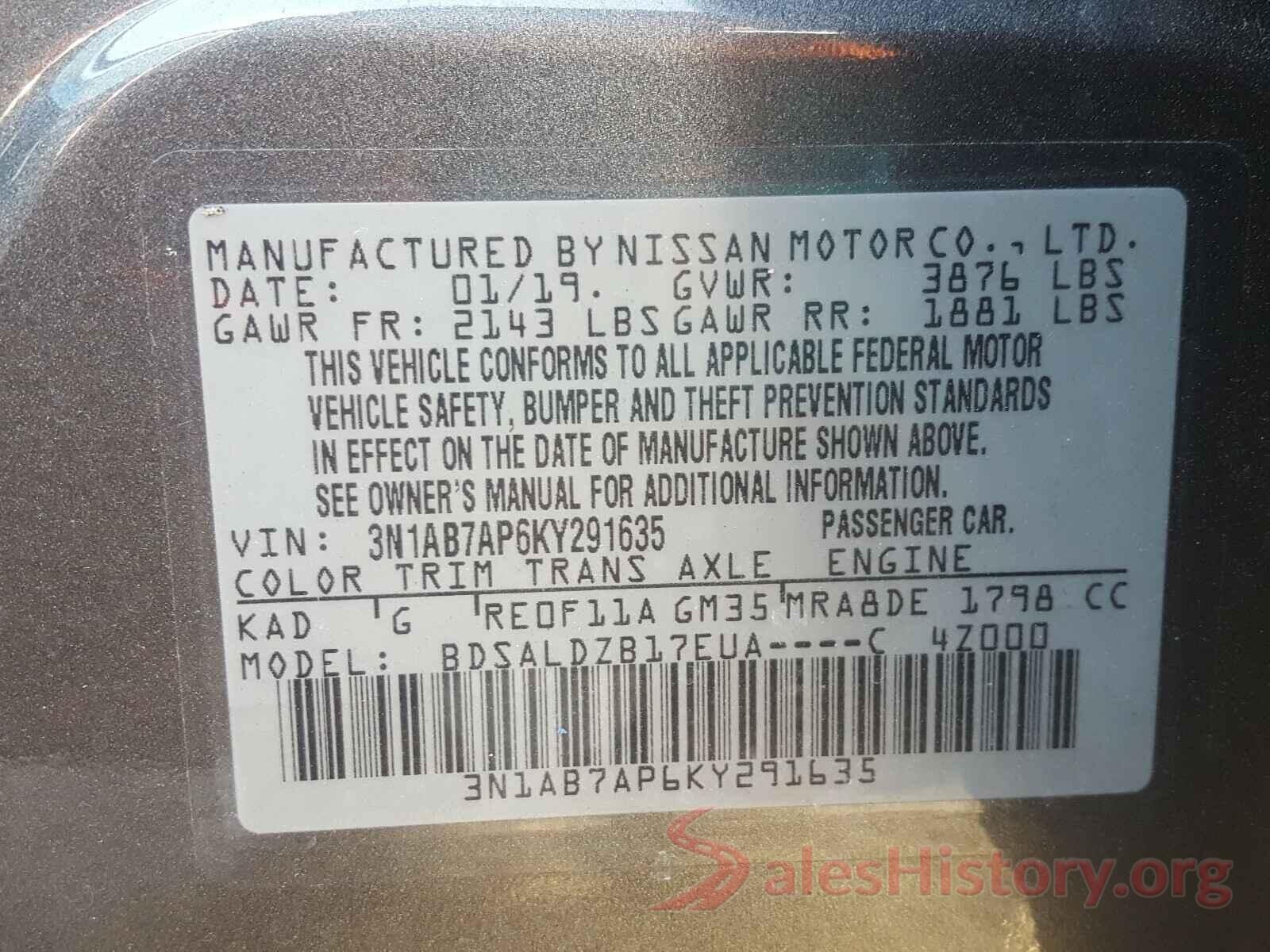 3N1AB7AP6KY291635 2019 NISSAN SENTRA