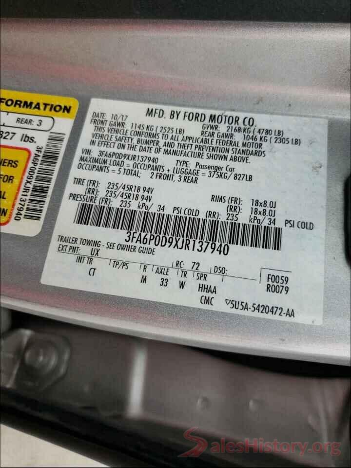 3FA6P0D9XJR137940 2018 FORD FUSION