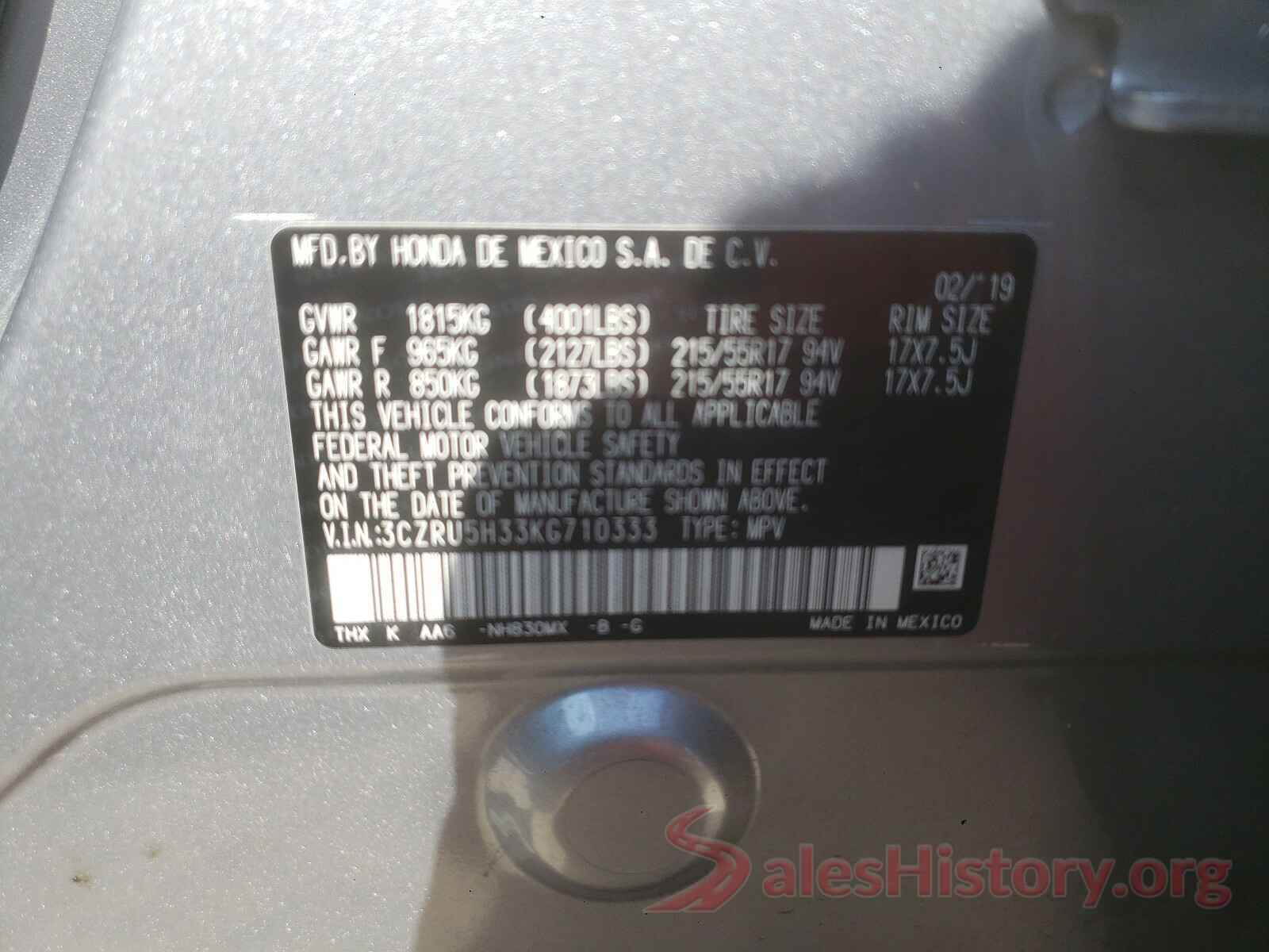 3CZRU5H33KG710333 2019 HONDA HR-V