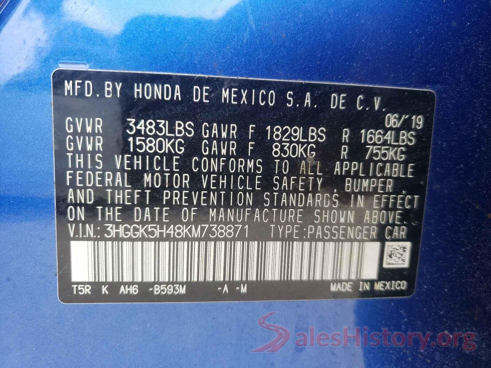 3HGGK5H48KM738871 2019 HONDA FIT