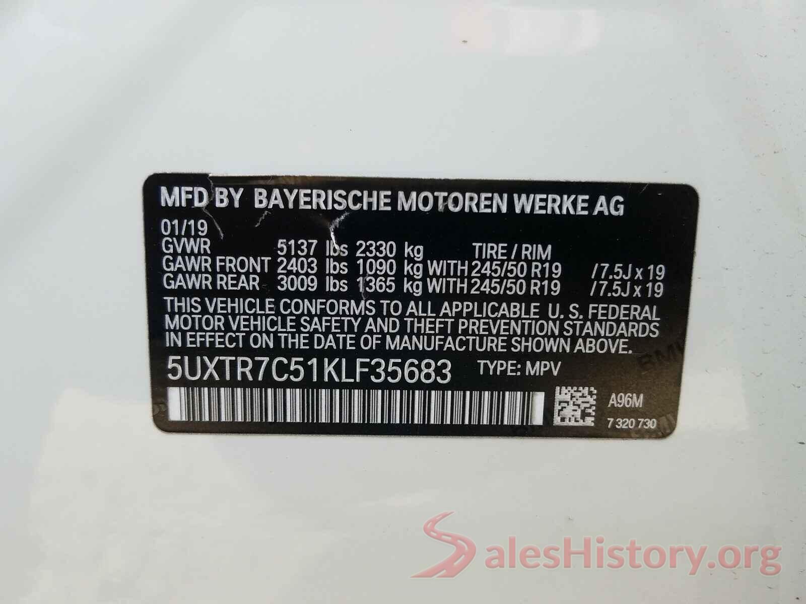 5UXTR7C51KLF35683 2019 BMW X3