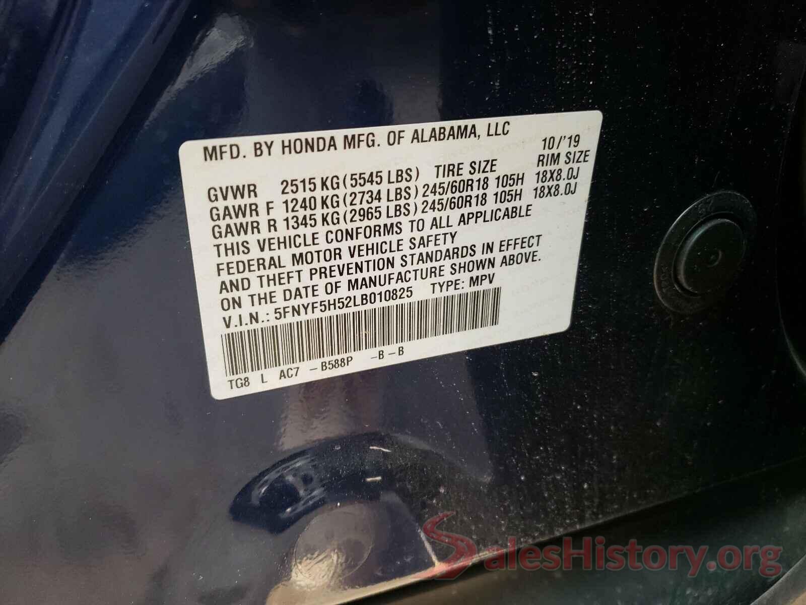 5FNYF5H52LB010825 2020 HONDA PILOT