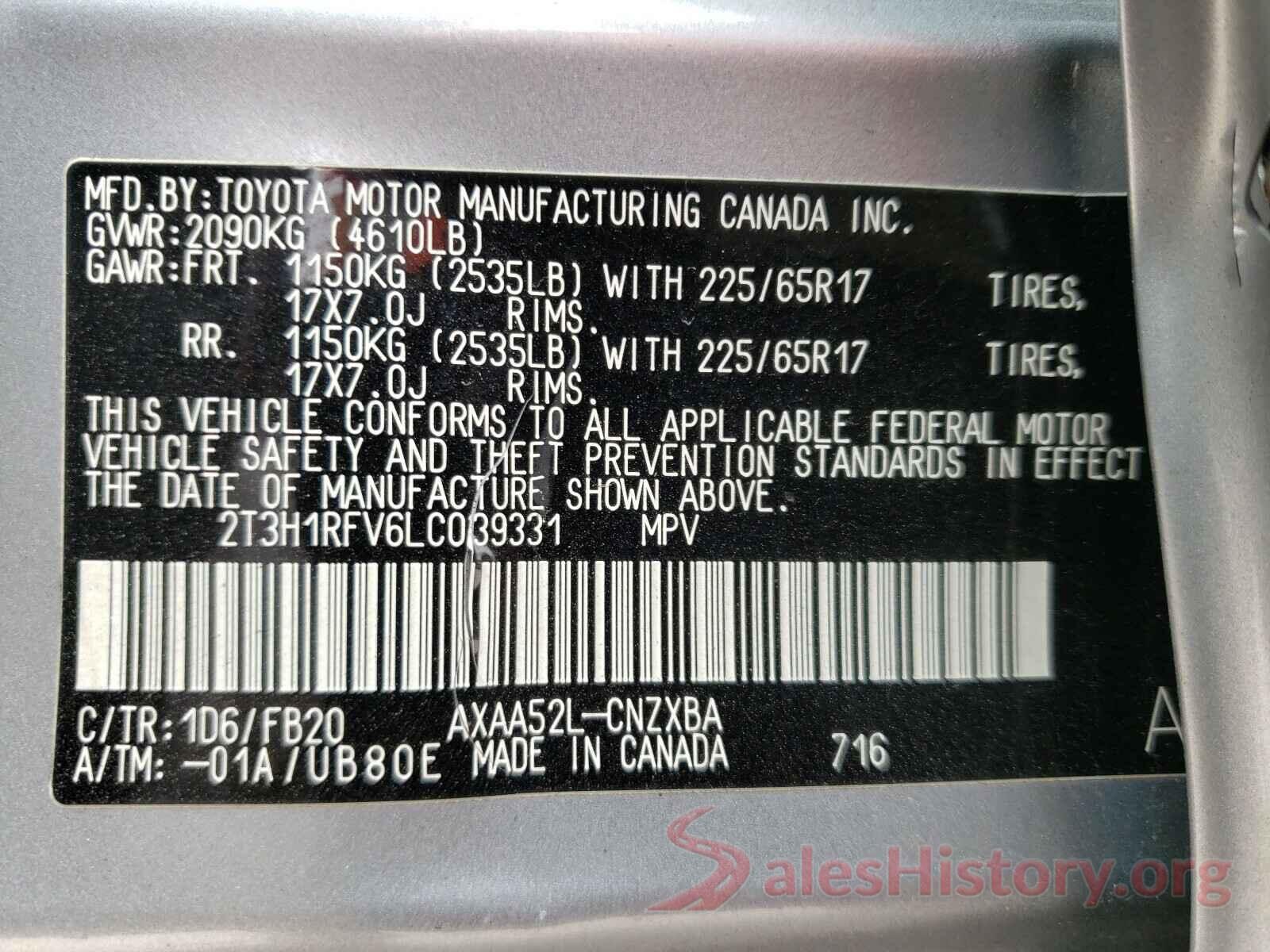 2T3H1RFV6LC039331 2020 TOYOTA RAV4