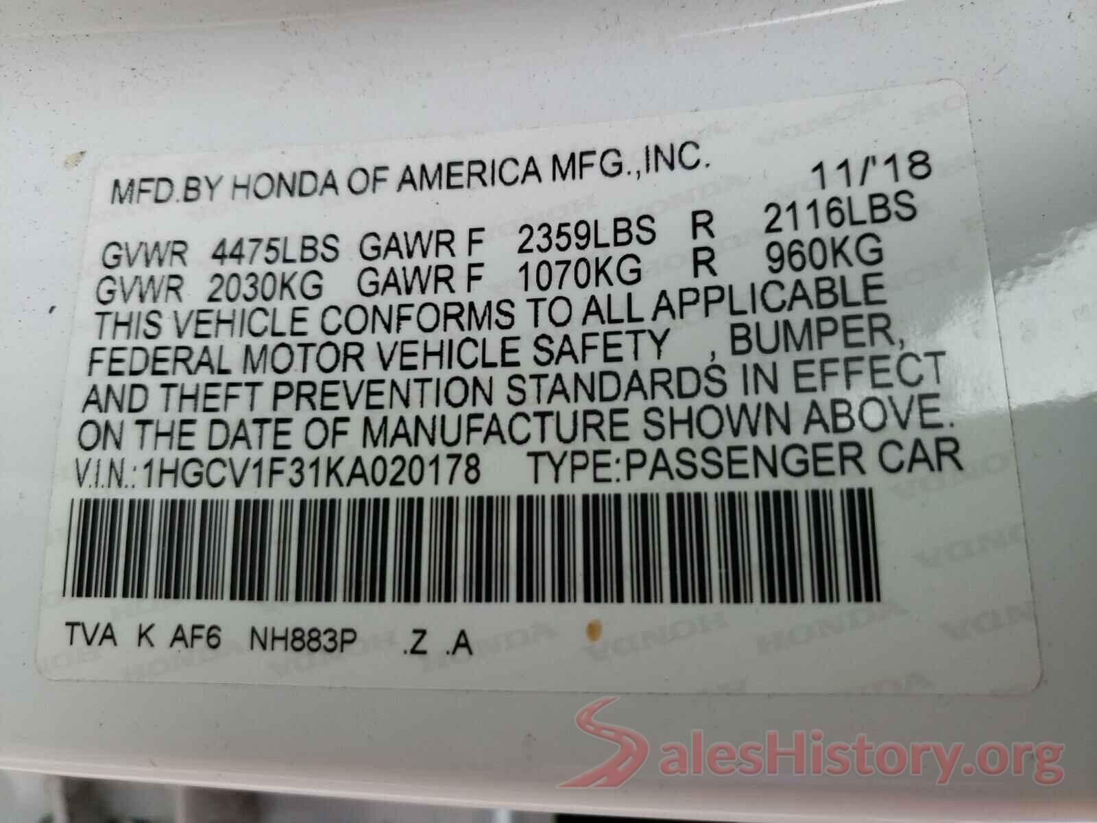 1HGCV1F31KA020178 2019 HONDA ACCORD