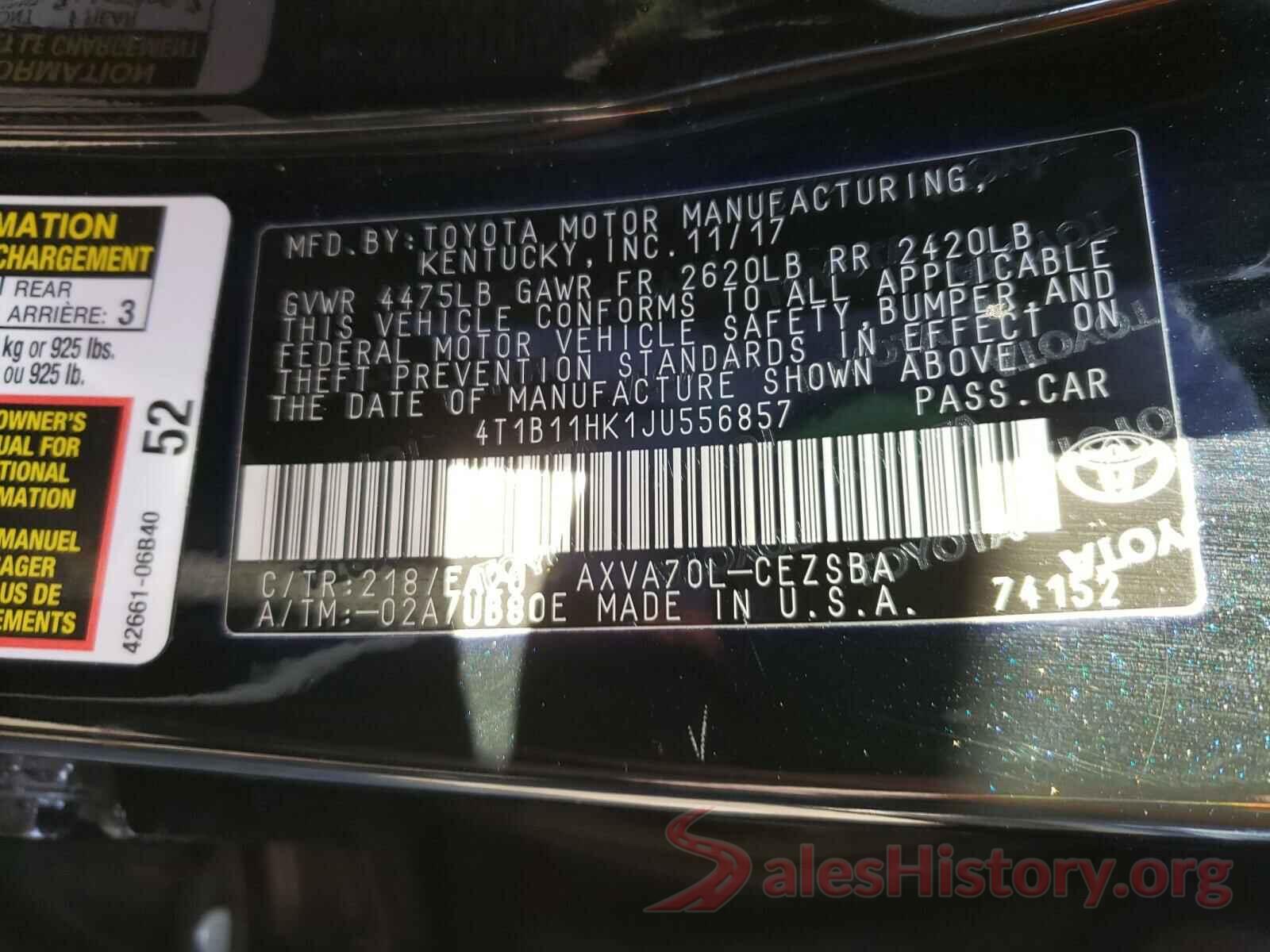 4T1B11HK1JU556857 2018 TOYOTA CAMRY