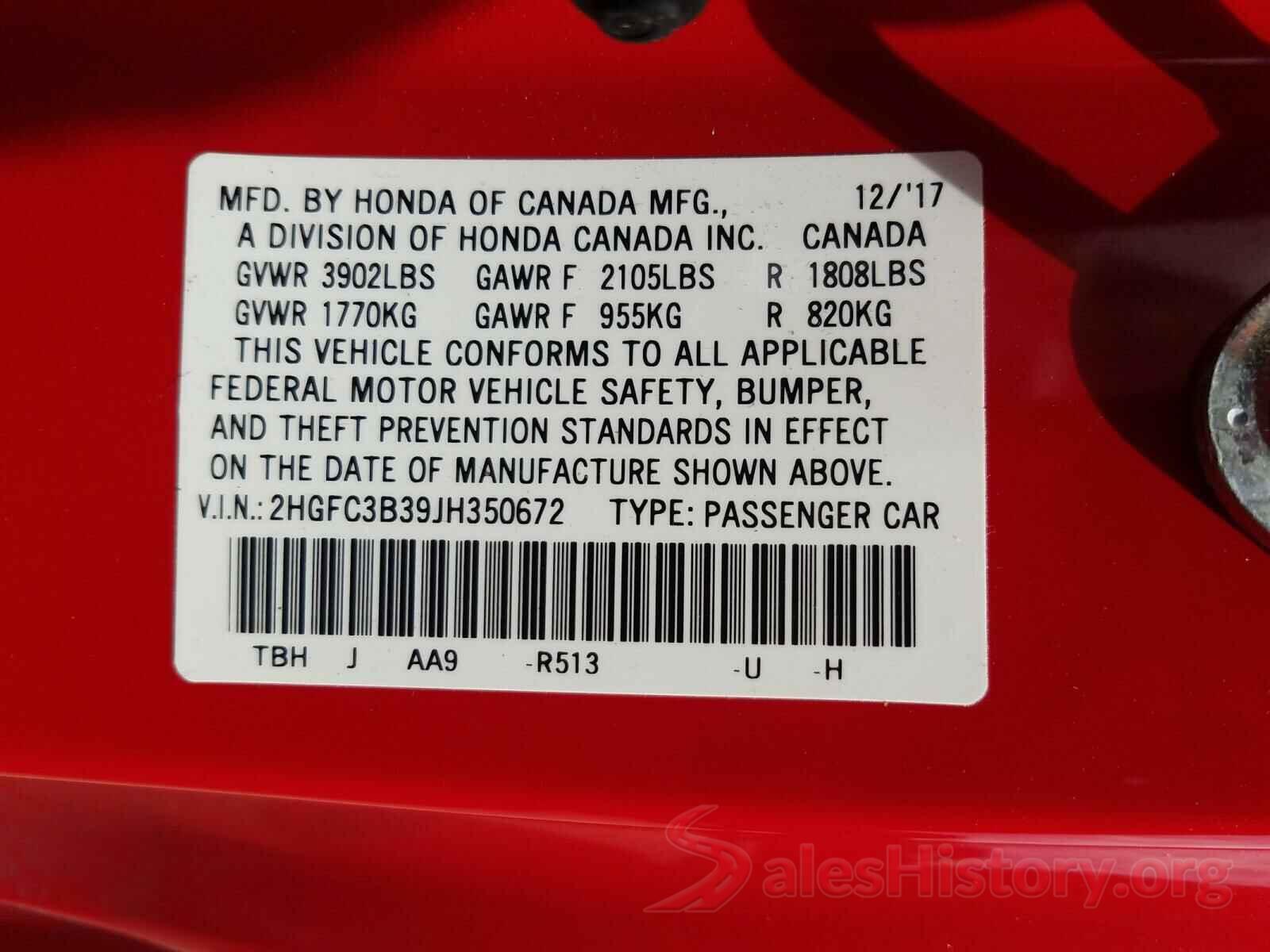 2HGFC3B39JH350672 2018 HONDA CIVIC