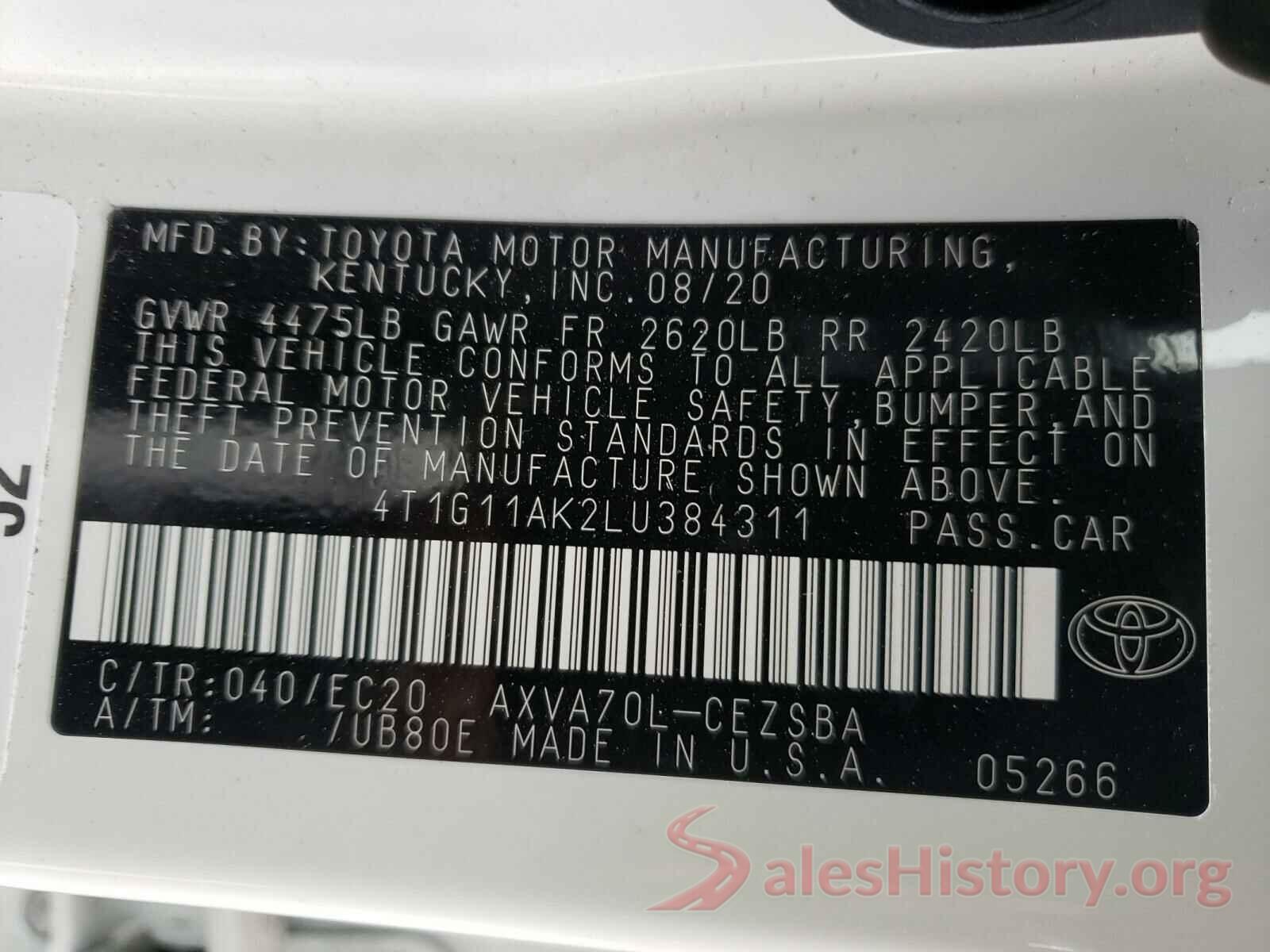 4T1G11AK2LU384311 2020 TOYOTA CAMRY