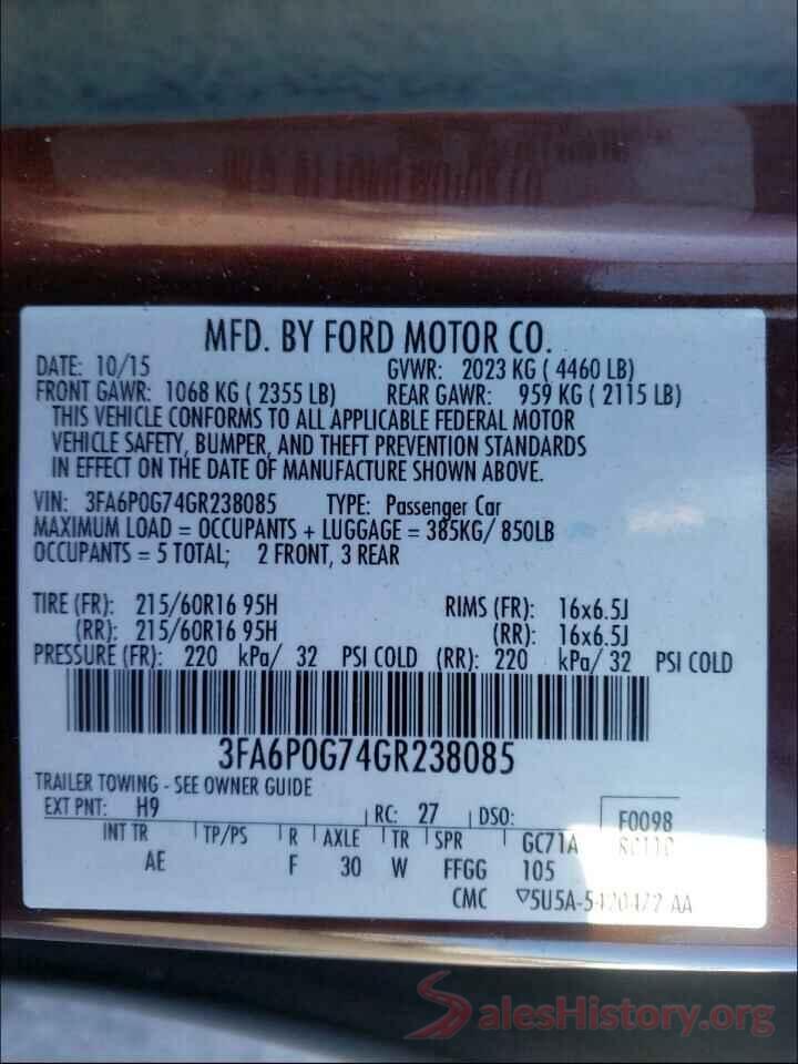 3FA6P0G74GR238085 2016 FORD FUSION