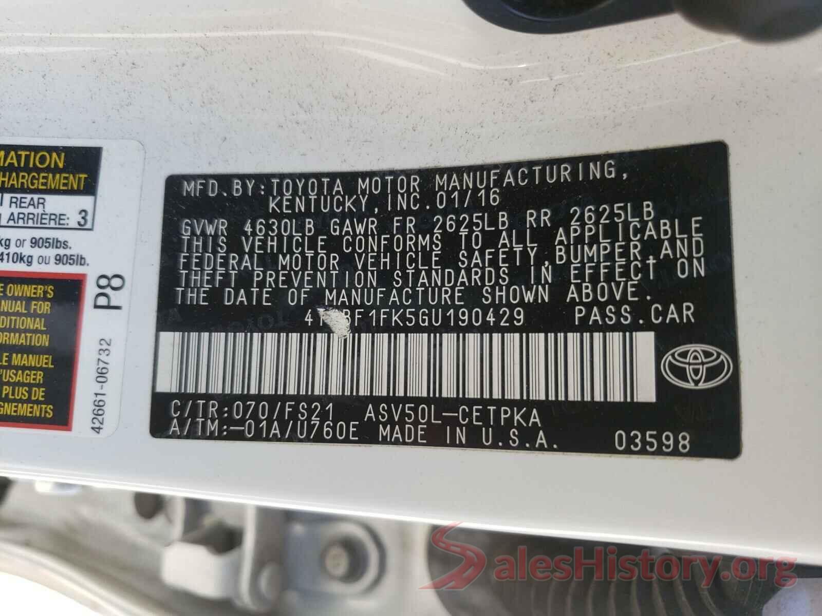 4T1BF1FK5GU190429 2016 TOYOTA CAMRY