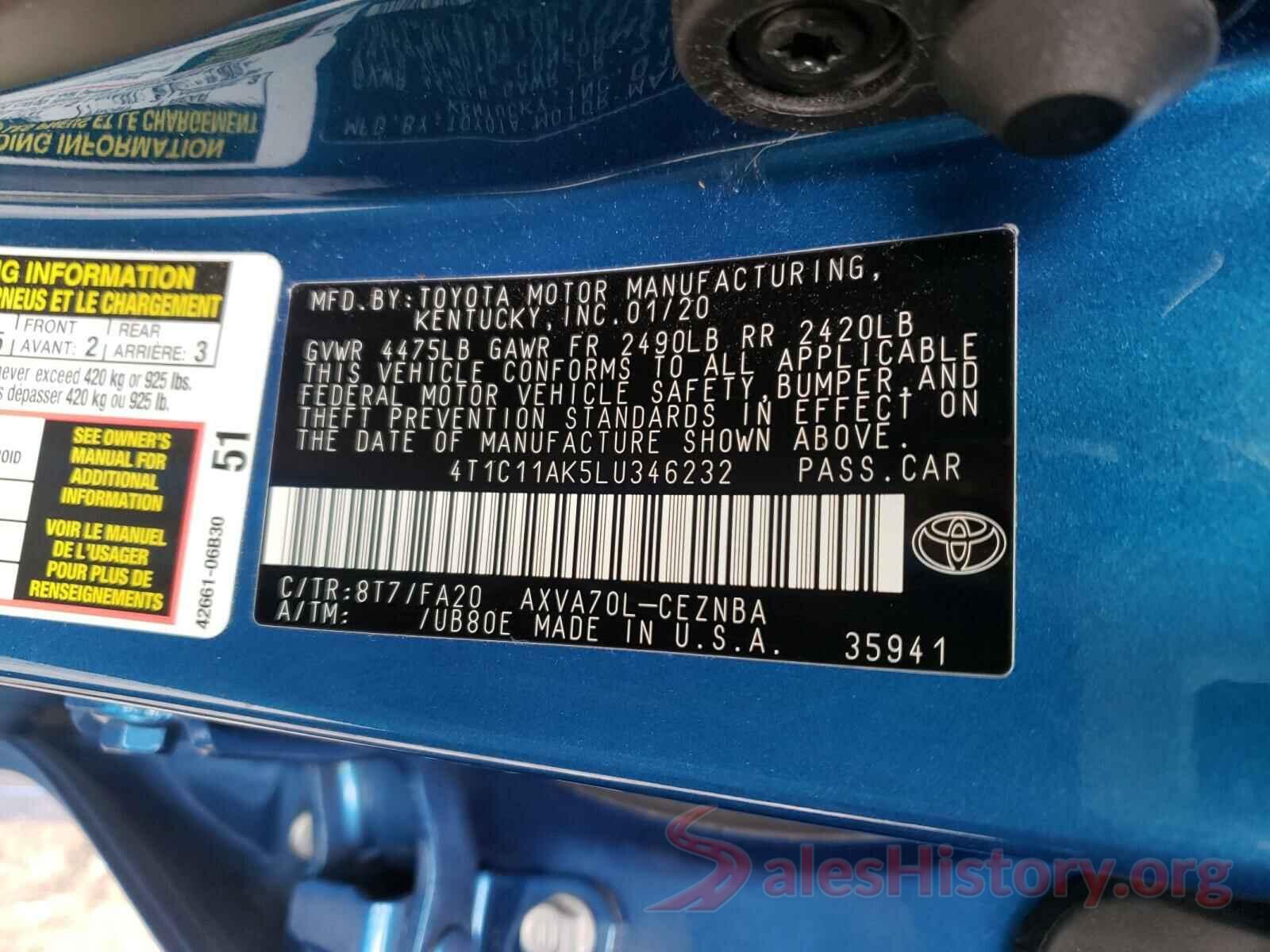 4T1C11AK5LU346232 2020 TOYOTA CAMRY