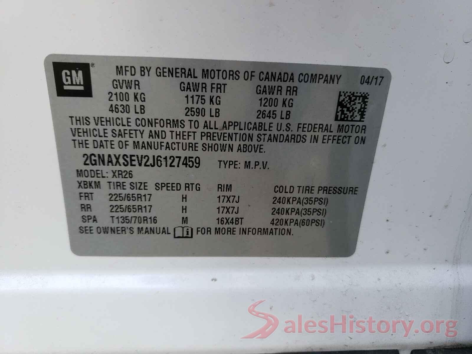 2GNAXSEV2J6127459 2018 CHEVROLET EQUINOX