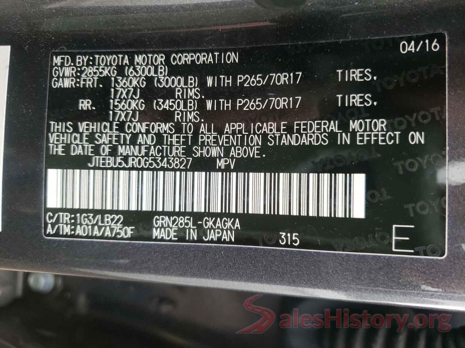 JTEBU5JR0G5343827 2016 TOYOTA 4RUNNER