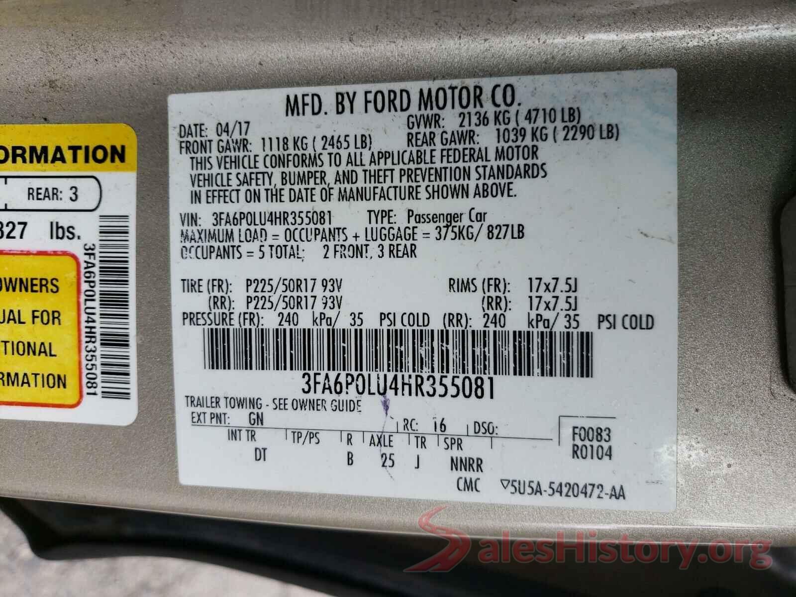 3FA6P0LU4HR355081 2017 FORD FUSION