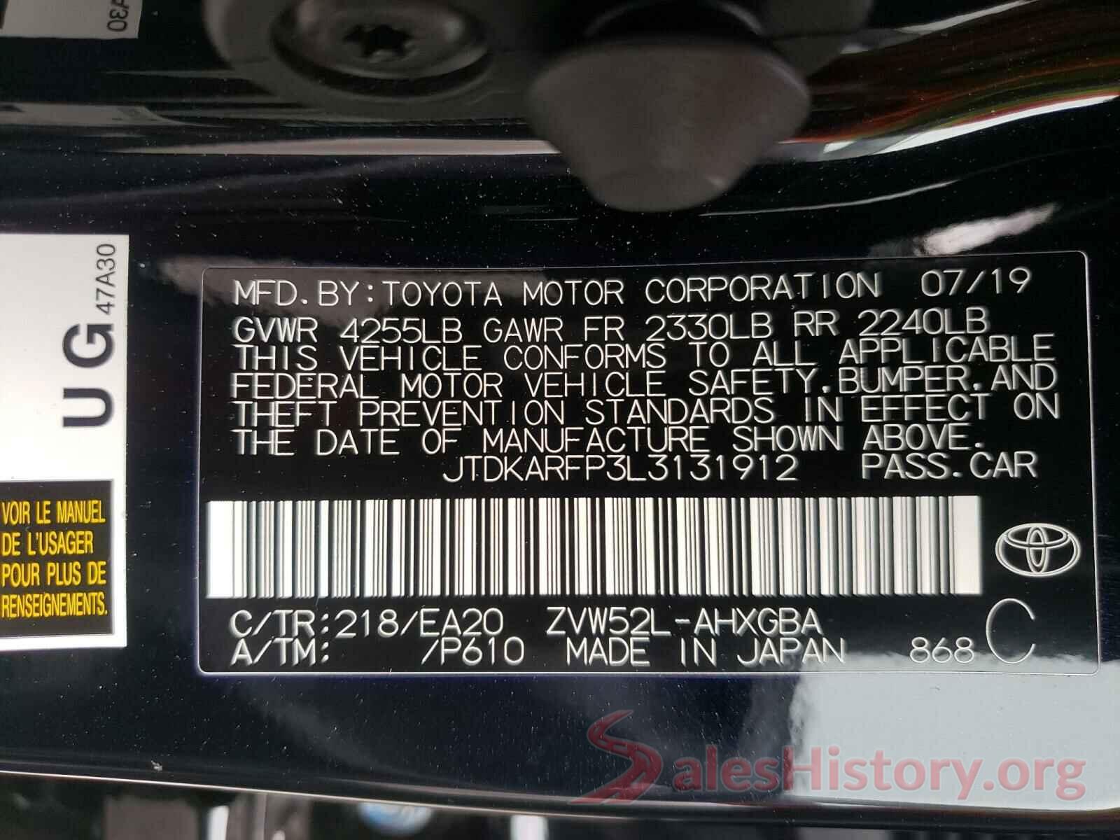 JTDKARFP3L3131912 2020 TOYOTA PRIUS