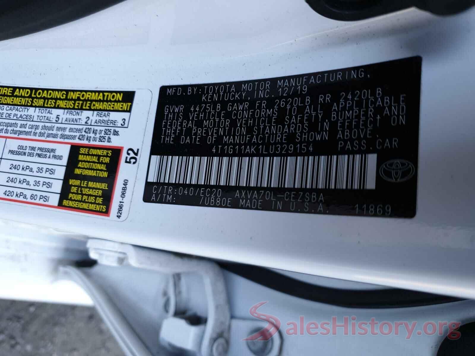 4T1G11AK1LU329154 2020 TOYOTA CAMRY