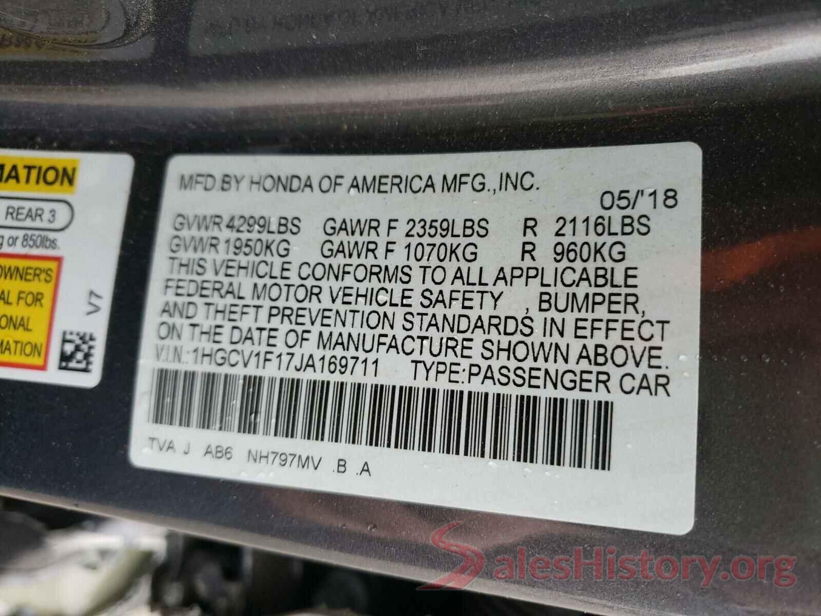 1HGCV1F17JA169711 2018 HONDA ACCORD