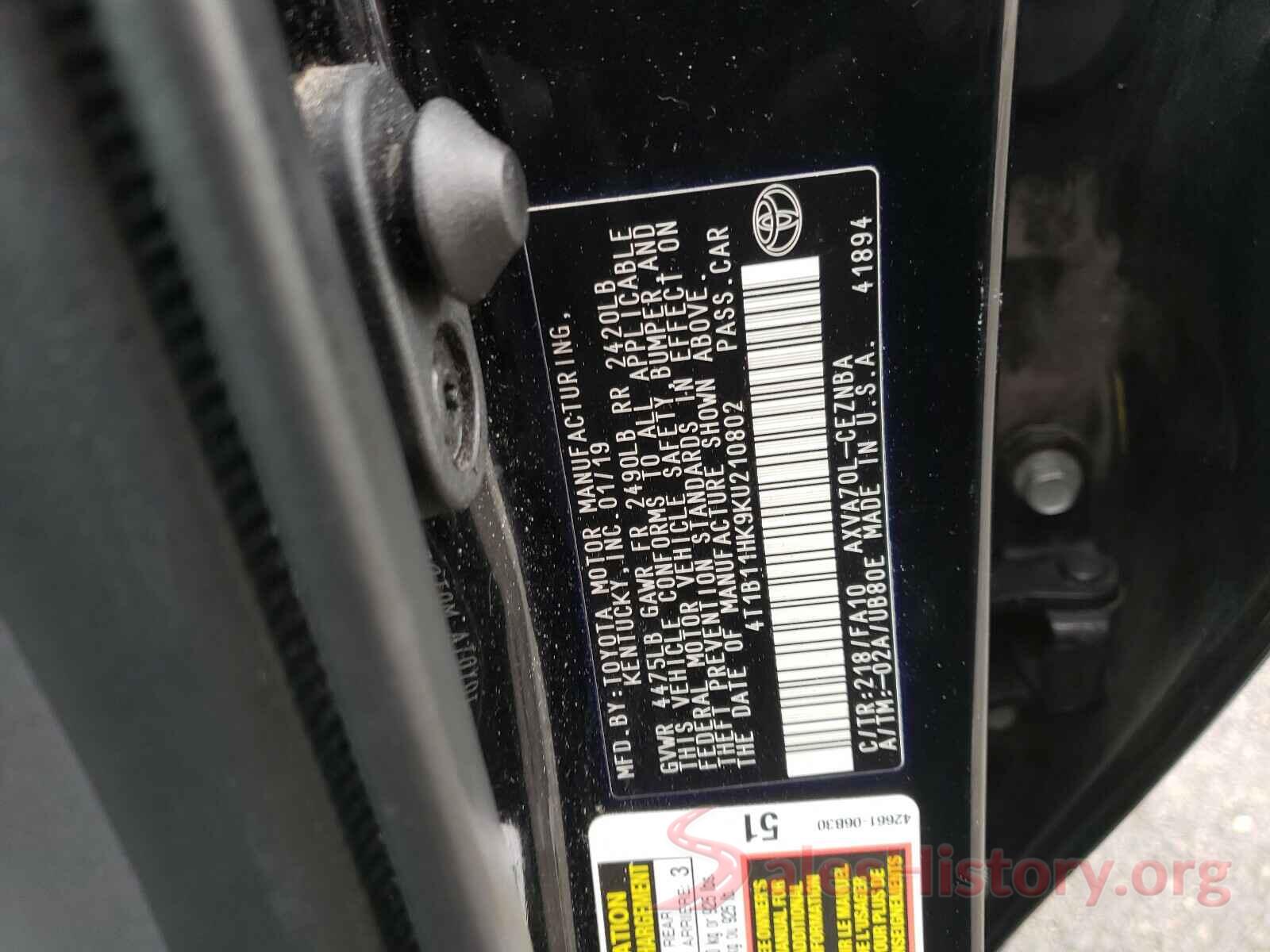 4T1B11HK9KU210802 2019 TOYOTA CAMRY