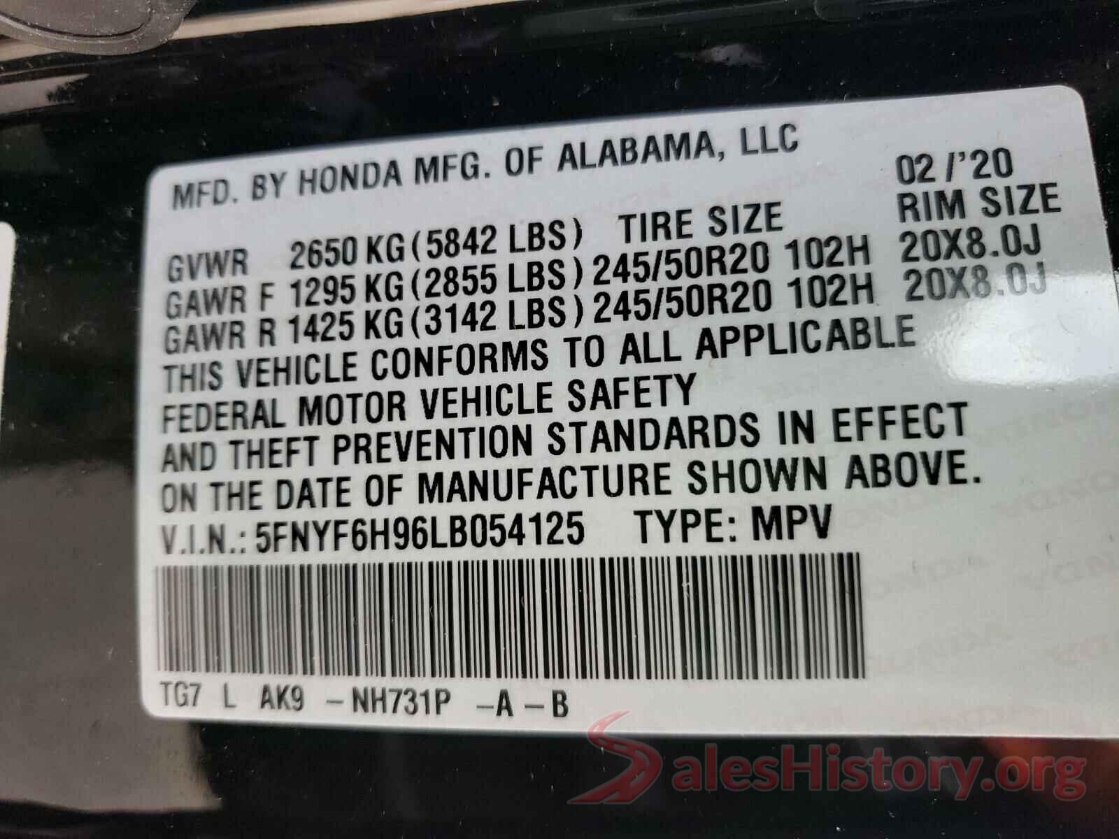 5FNYF6H96LB054125 2020 HONDA PILOT