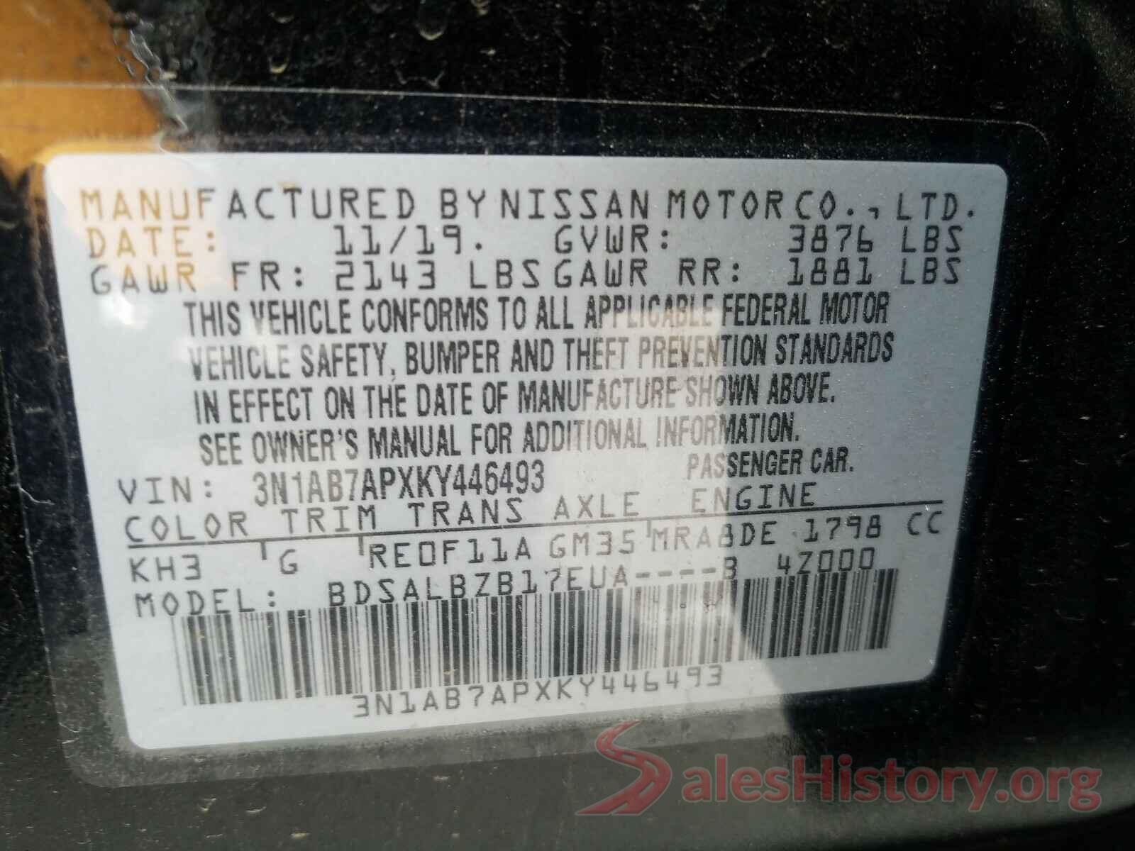 3N1AB7APXKY446493 2019 NISSAN SENTRA