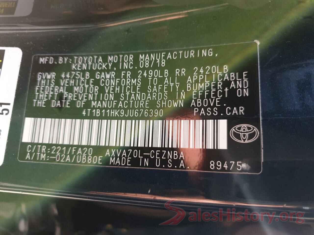 4T1B11HK9JU676390 2018 TOYOTA CAMRY