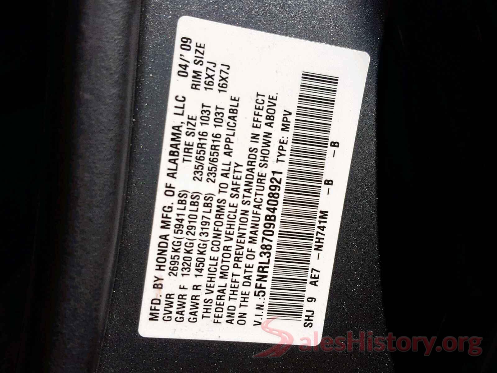 5FNRL38709B408921 2009 HONDA ODYSSEY EX