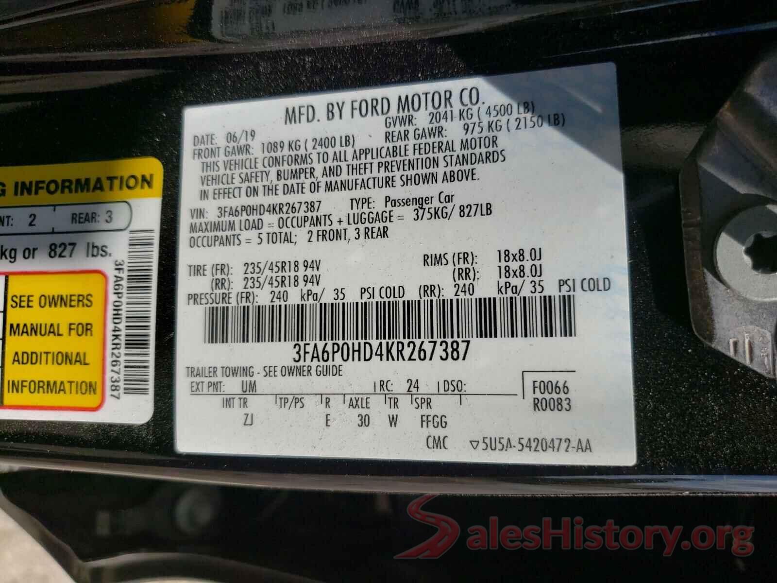 3FA6P0HD4KR267387 2019 FORD FUSION