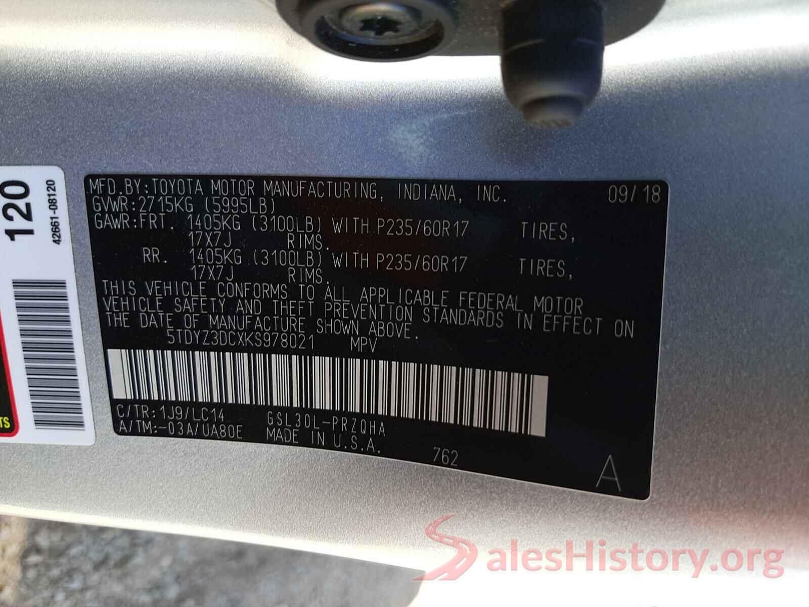 5TDYZ3DCXKS978021 2019 TOYOTA SIENNA