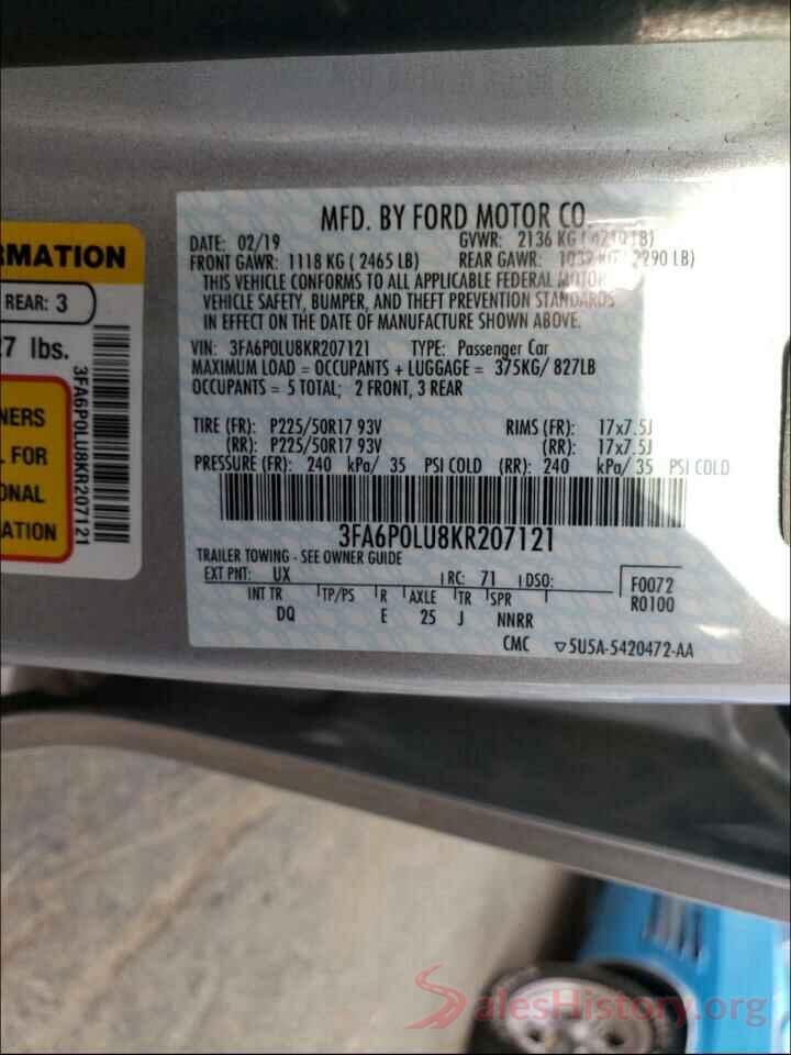 3FA6P0LU8KR207121 2019 FORD FUSION